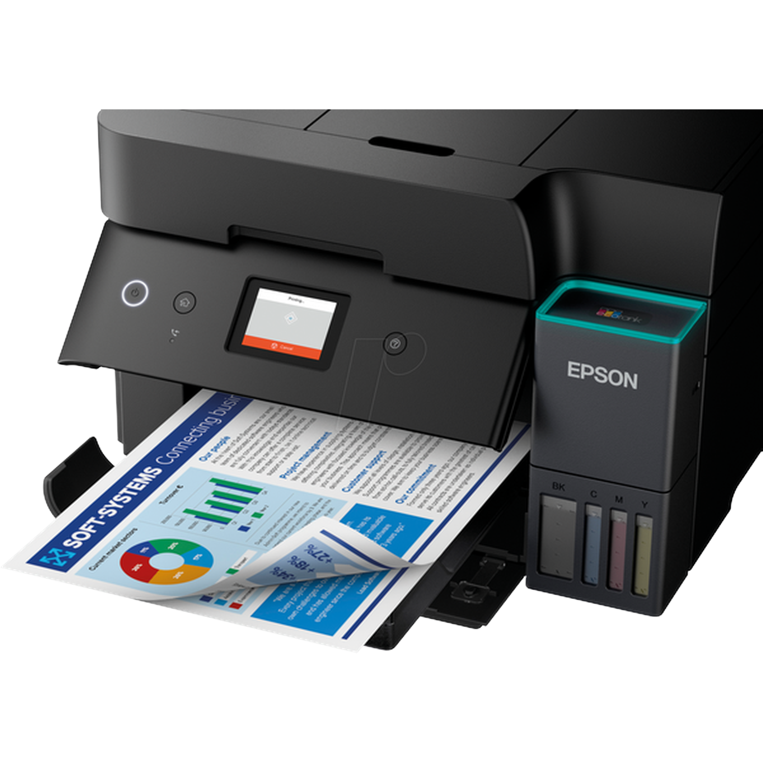 Een zwarte Epson-printer die een document afdrukt met grafieken en tekst. Inktcartridges zijn zichtbaar. De printer heeft een klein scherm.