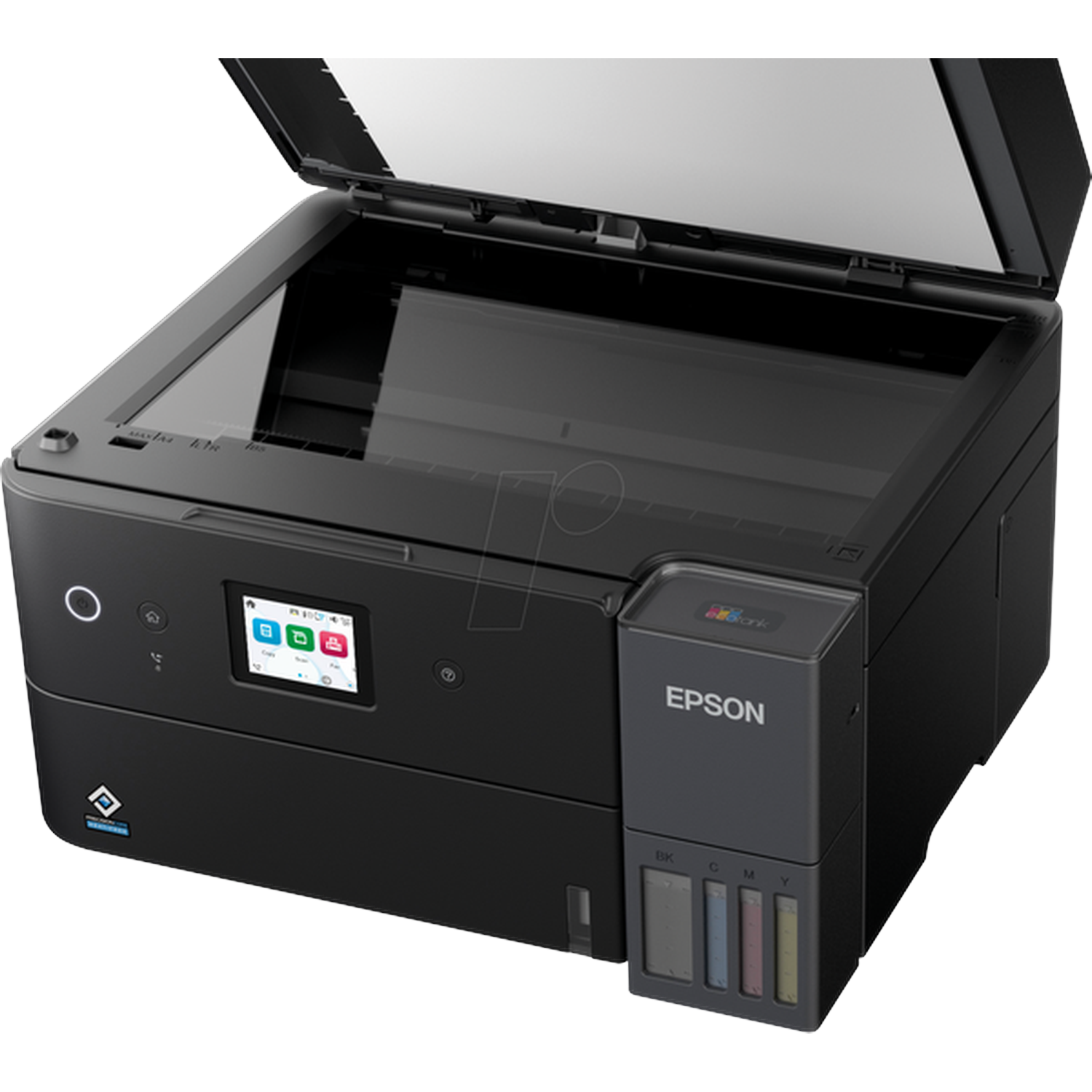 Zwarte Epson-printer met open deksel. Het heeft een kleurenscherm en inkttanks. De deksel is open. De printer staat op een wit oppervlak.