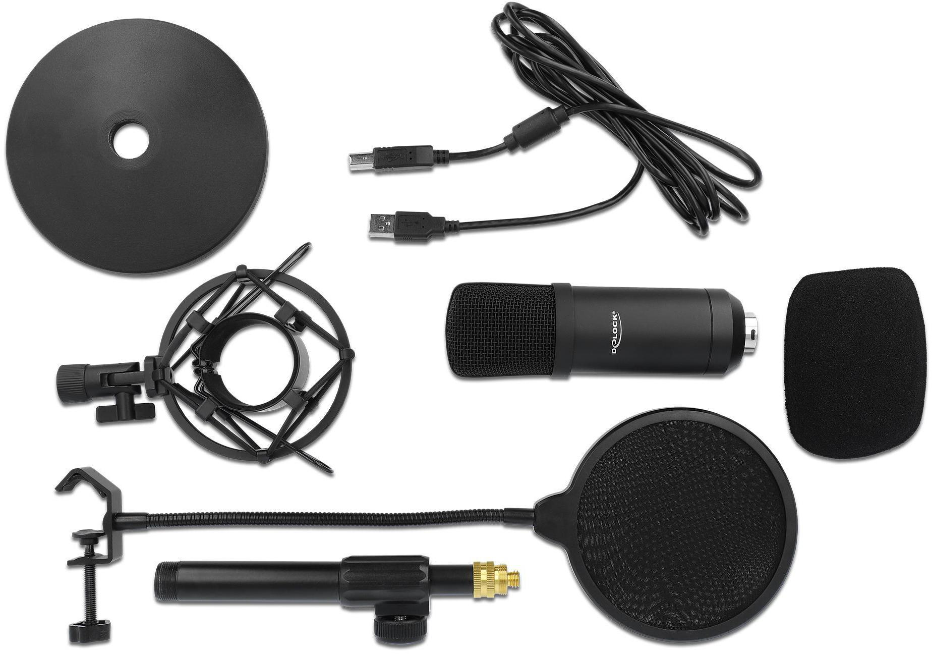Un ensemble de microphone noir comprenant un microphone, un pied, un filtre anti-pop et un câble, sur fond blanc.