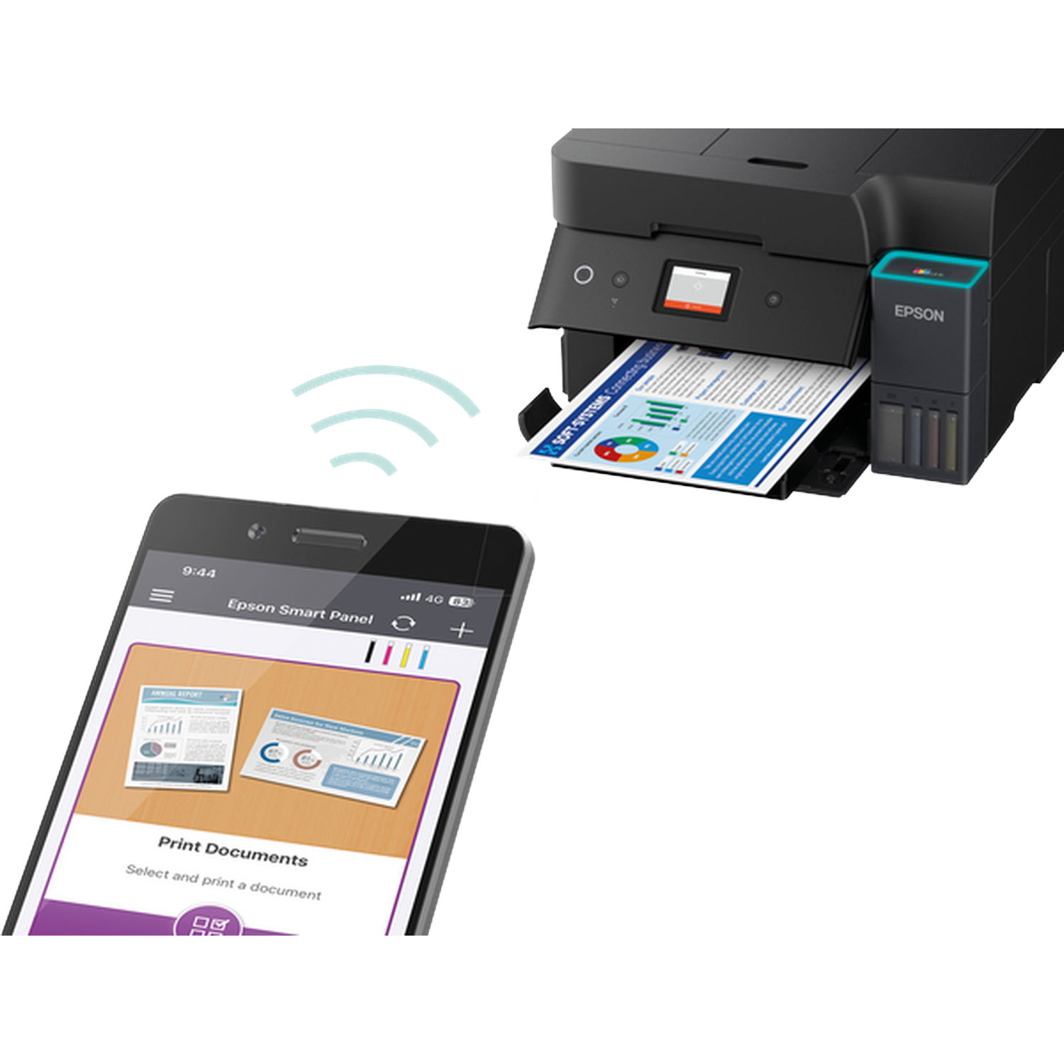 Een zwarte Epson-printer die een document afdrukt, een smartphone toont de Epson Smart Panel-app en wifi-pictogrammen.