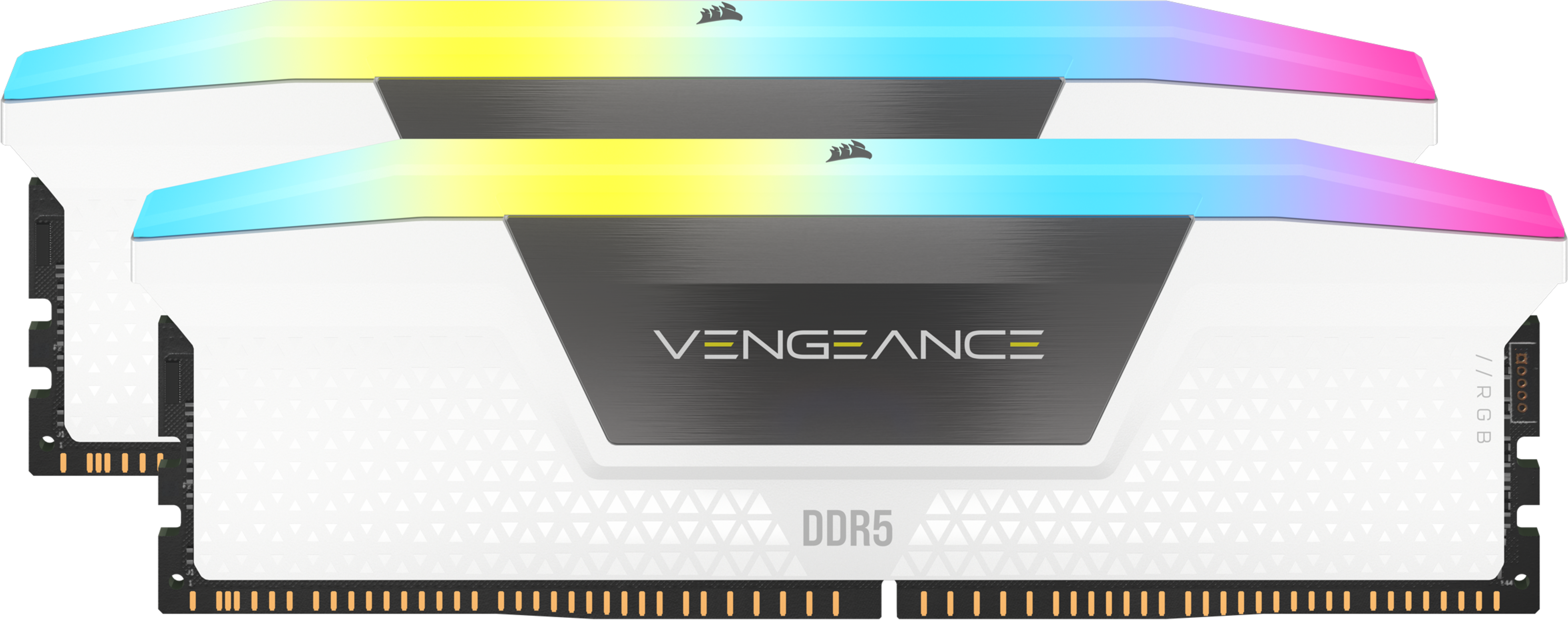 Zwei weiße DDR5-RAM-Module mit RGB-Beleuchtung. Die Module haben eine schwarze Mitte und das Wort VENGEANCE.