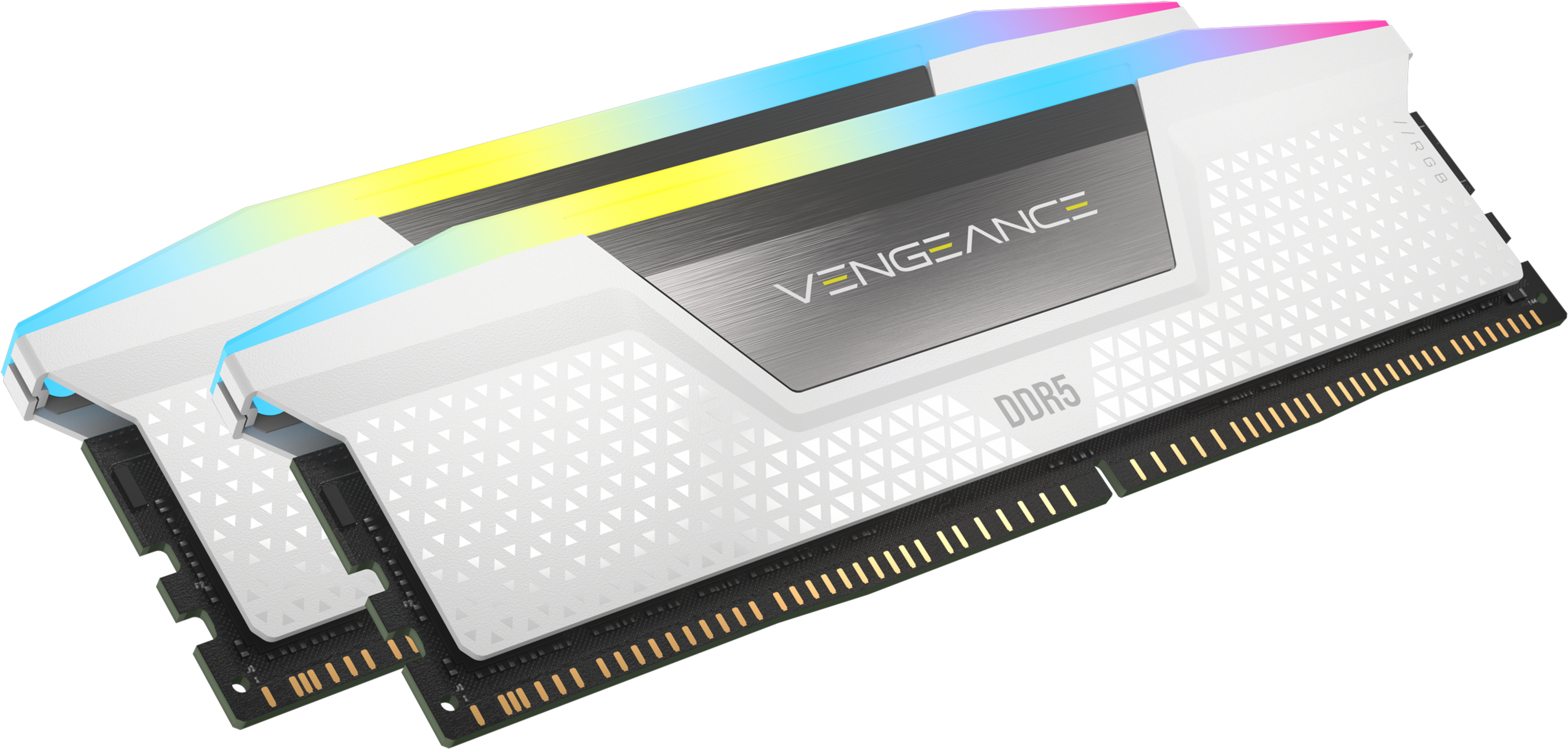 Zwei weiße DDR5-RAM-Module mit RGB-Beleuchtung. Die Module haben das Vengeance-Logo.