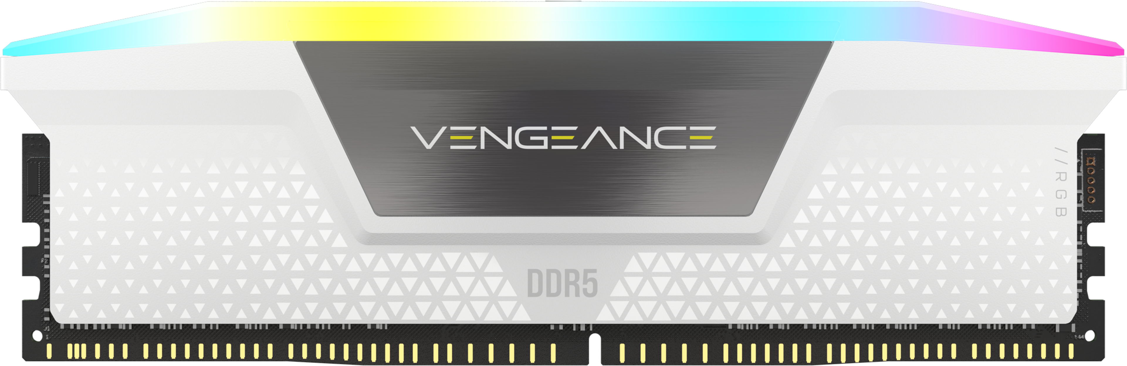 Ein weißes DDR5-RAM-Modul mit dem Wort VENGEANCE darauf. Es hat RGB-Beleuchtung oben und eine schwarze Basis.