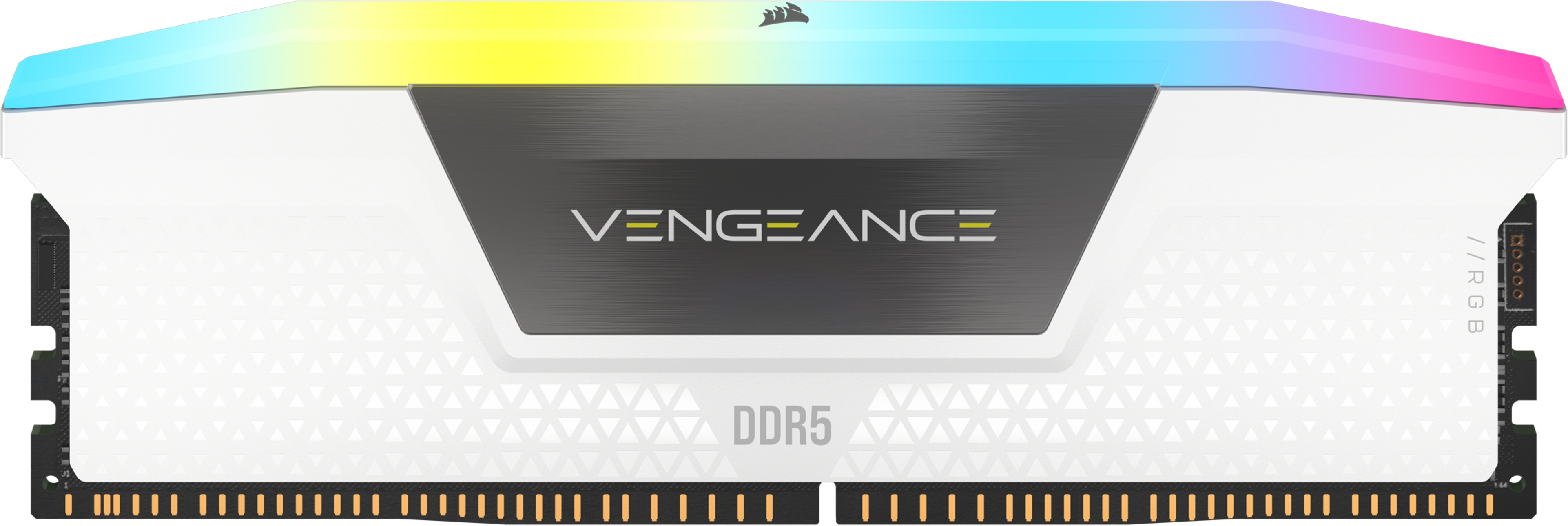 Ein RAM-Stick mit weißen, grauen und schwarzen Teilen. Er hat RGB-Beleuchtung und das Wort 'VENGEANCE' darauf.