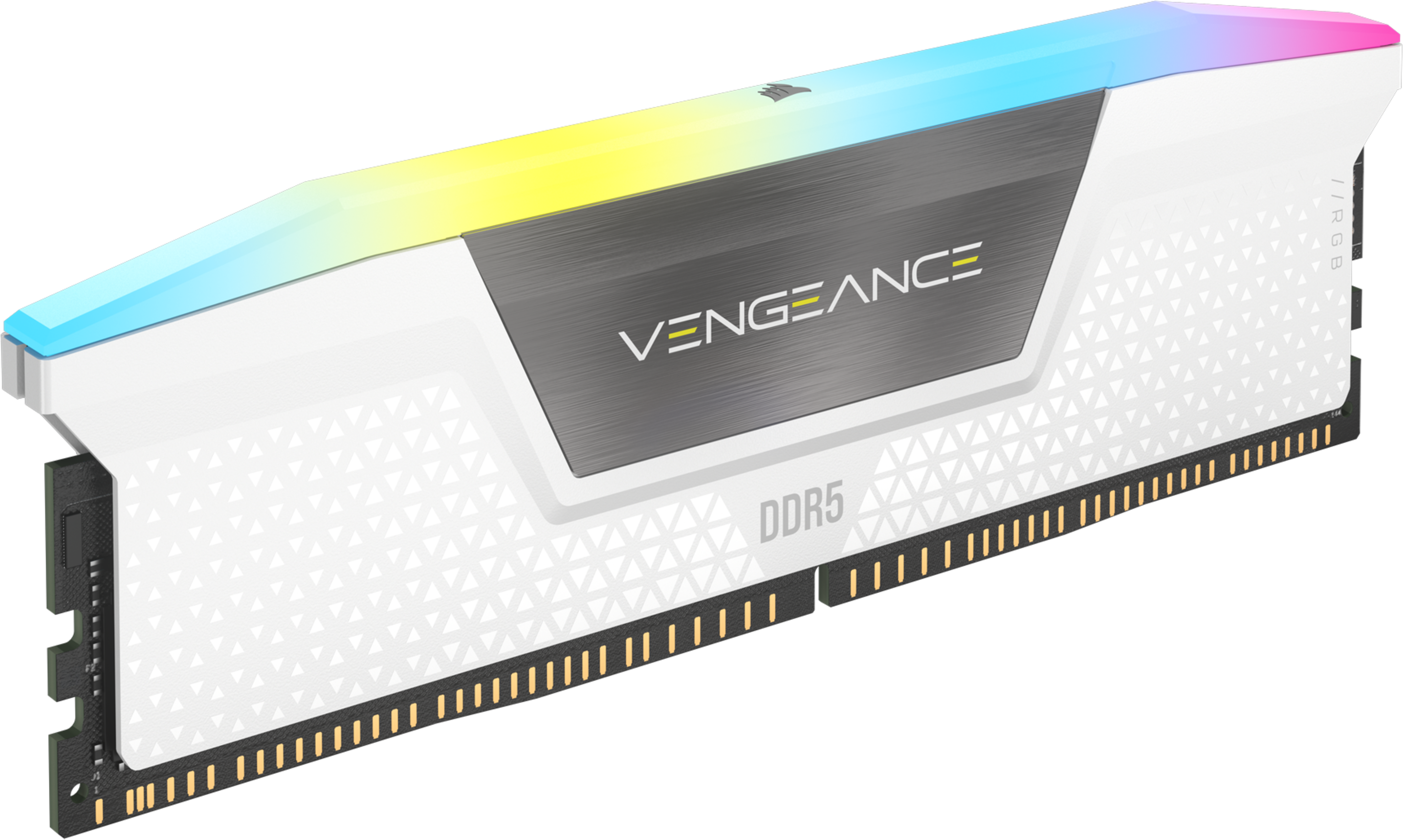 Ein weißer und silberner DDR5-RAM-Riegel mit RGB-Beleuchtung. Der Text "VENGEANCE DDR5" ist sichtbar.