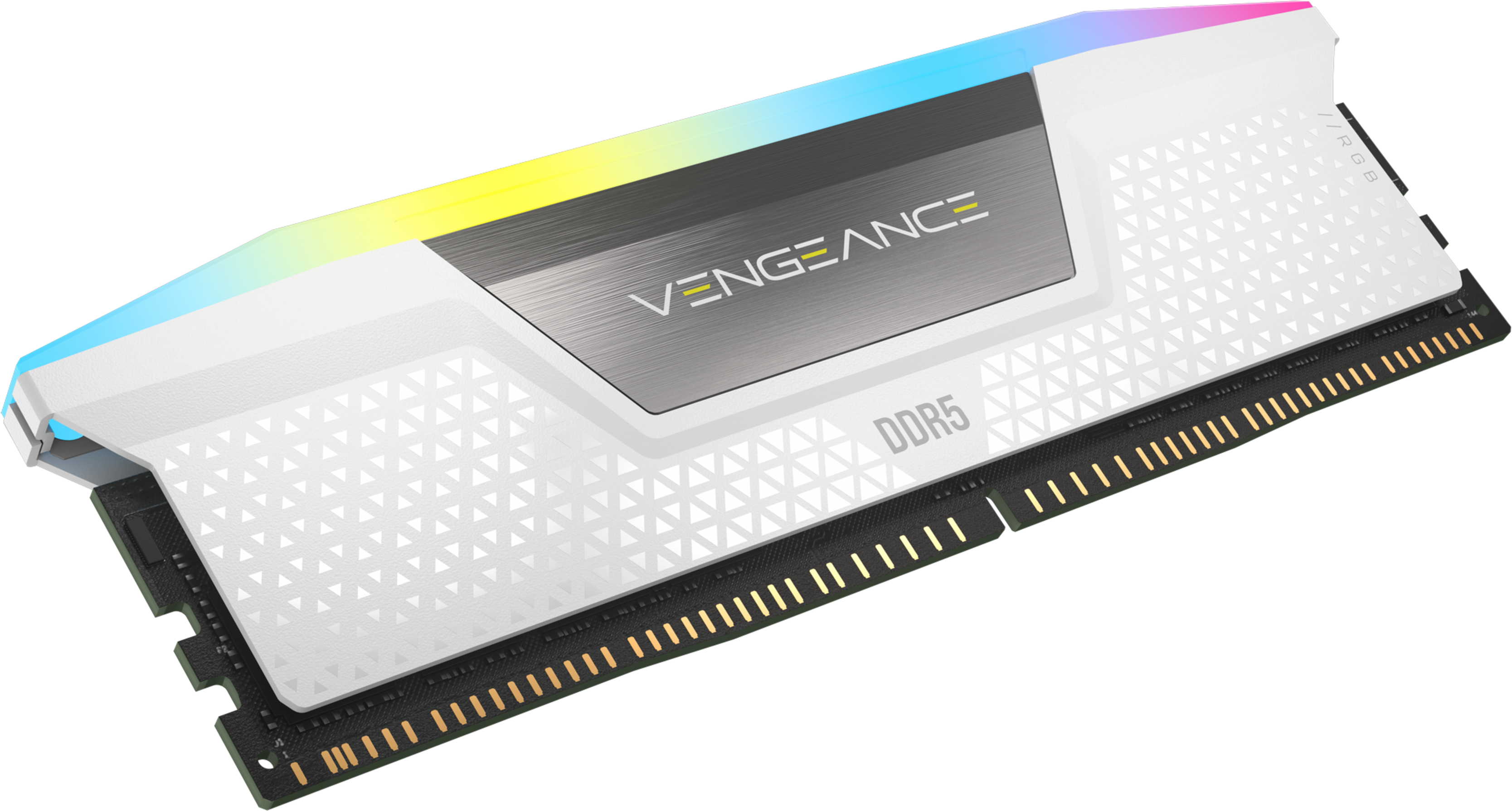 Ein weißer DDR5-RAM-Riegel mit RGB-Beleuchtung oben. Das Wort VENGEANCE ist sichtbar. Der Hintergrund ist schwarz.