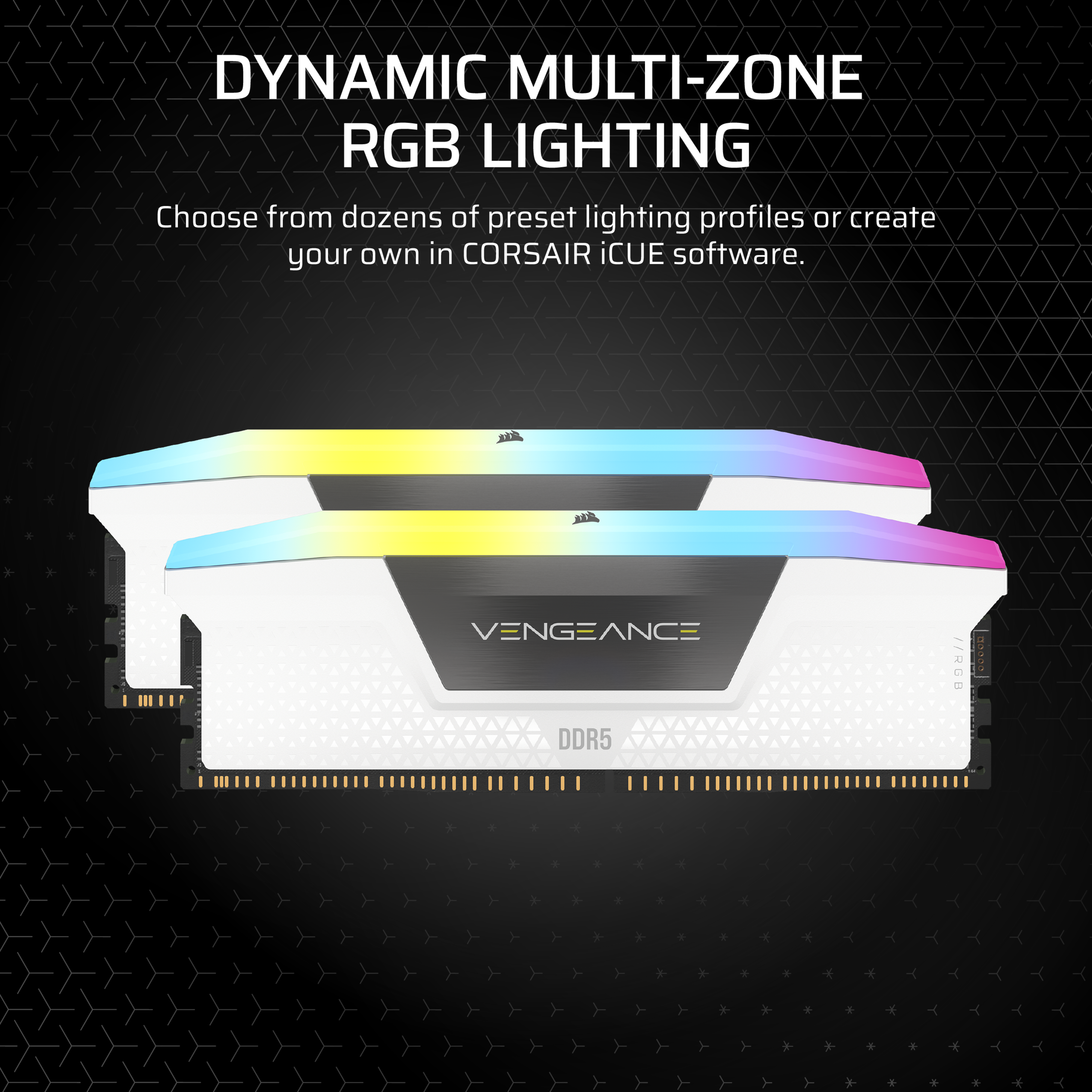Zwei weiße RAM-Riegel mit RGB-Beleuchtung auf schwarzem Hintergrund, Text: 'VENGEANCE DDR5'.