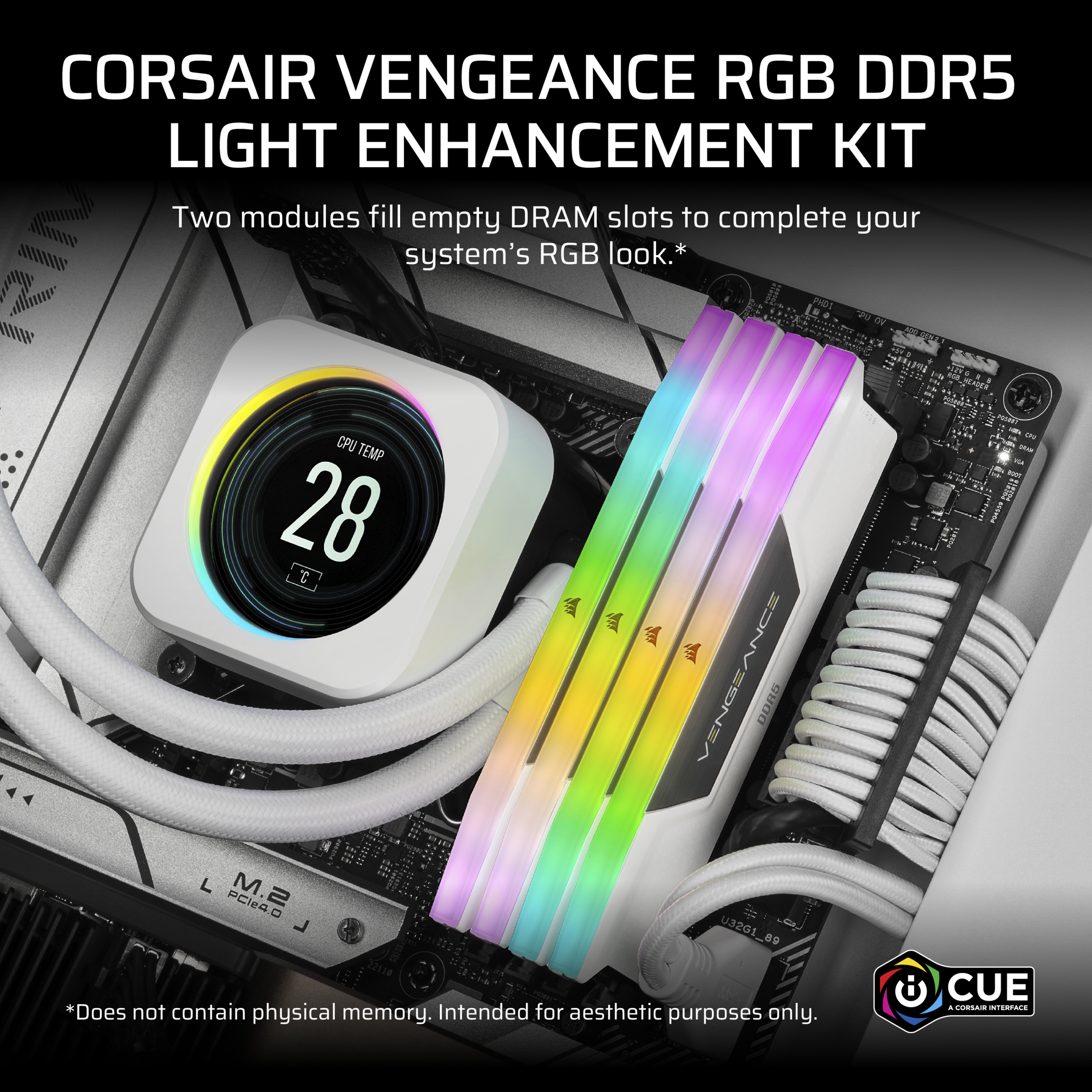 Das Bild zeigt das Corsair Vengeance RGB DDR5 Light Enhancement Kit mit zwei Modulen und einem CPU-Kühler.