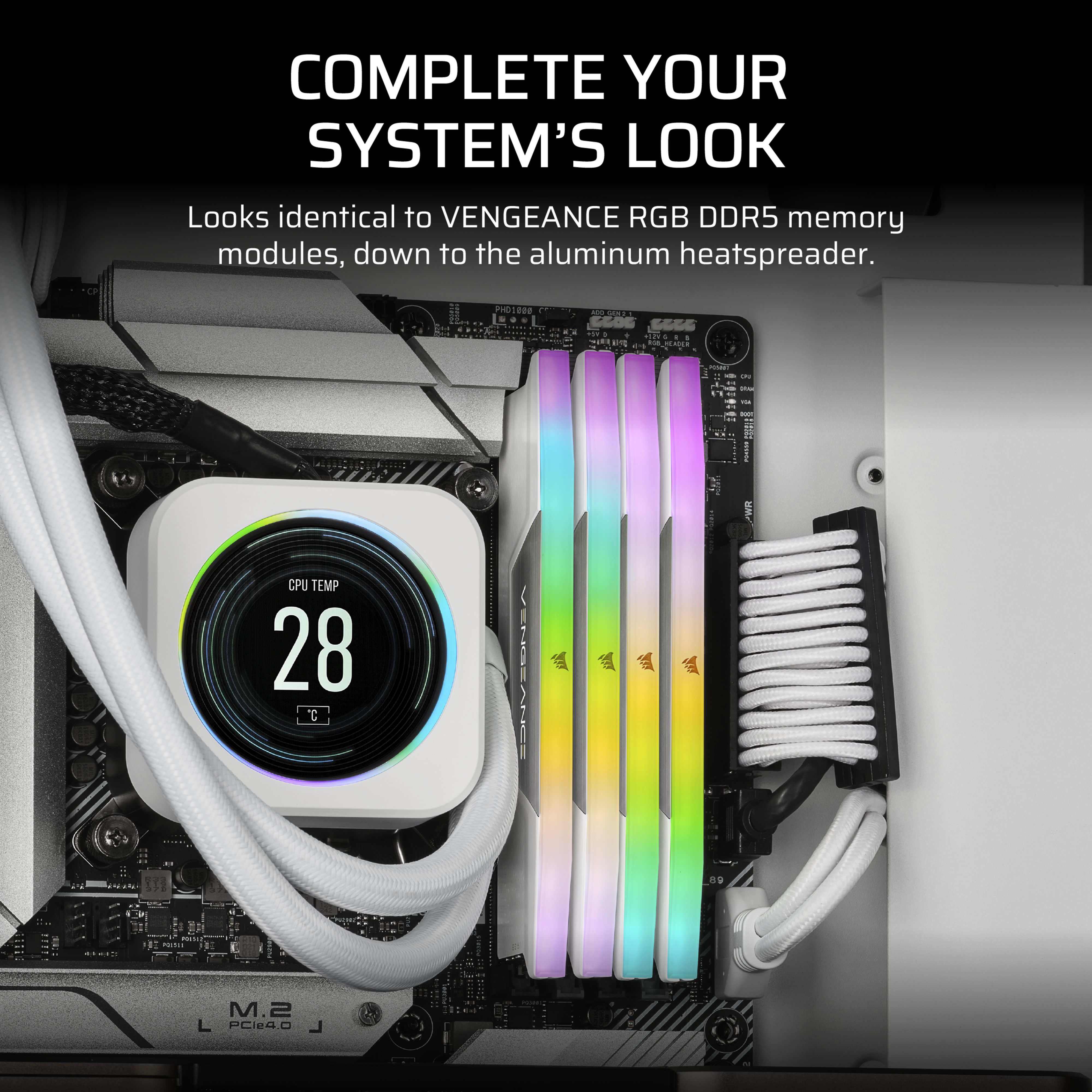 PC-Komponenten: RAM-Riegel mit RGB-Beleuchtung, CPU-Kühler mit Bildschirm und Motherboard.