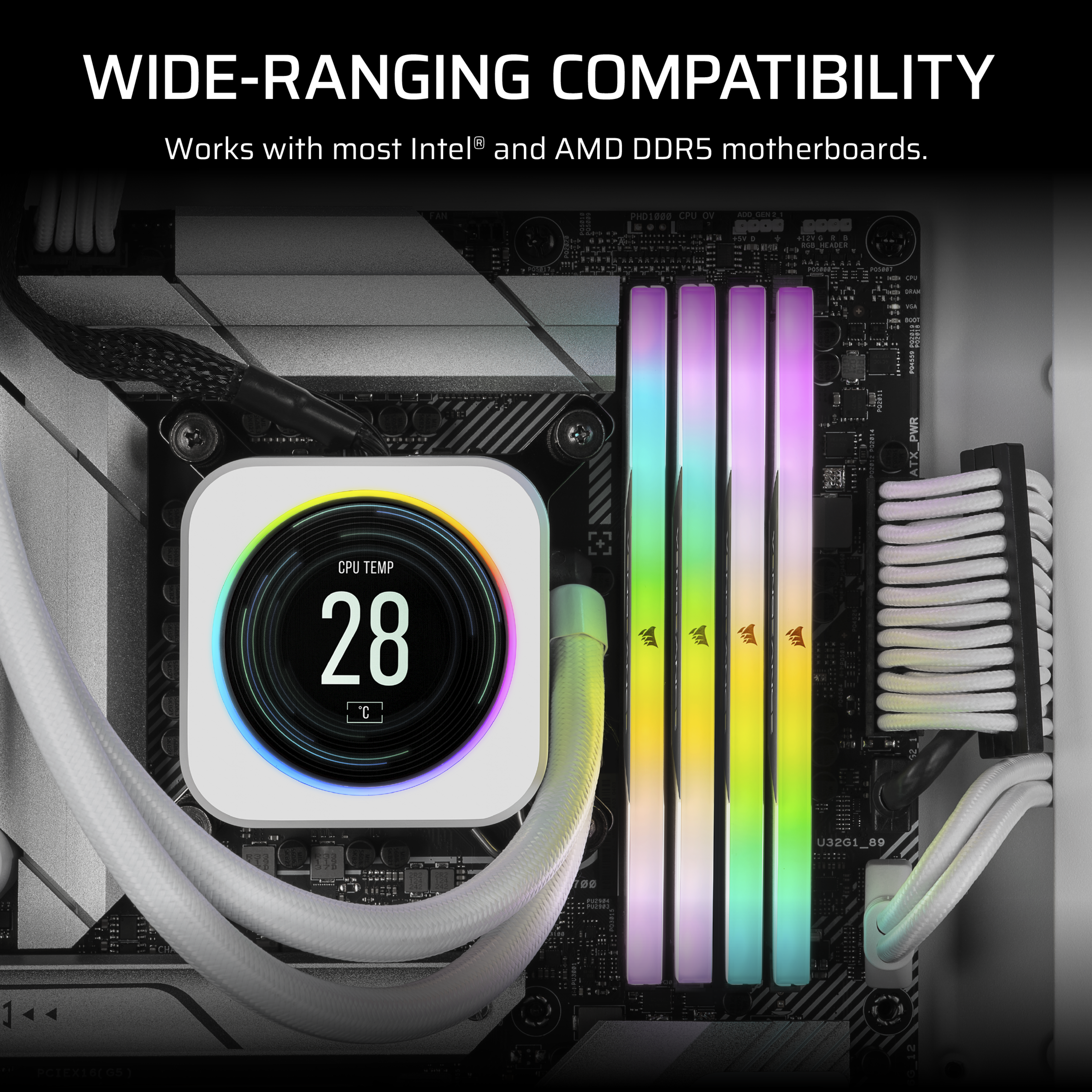 PC-Komponenten: CPU-Kühler, RAM-Riegel und Motherboard. CPU-Temperatur wird angezeigt. LED-Leuchten beleuchten den RAM.