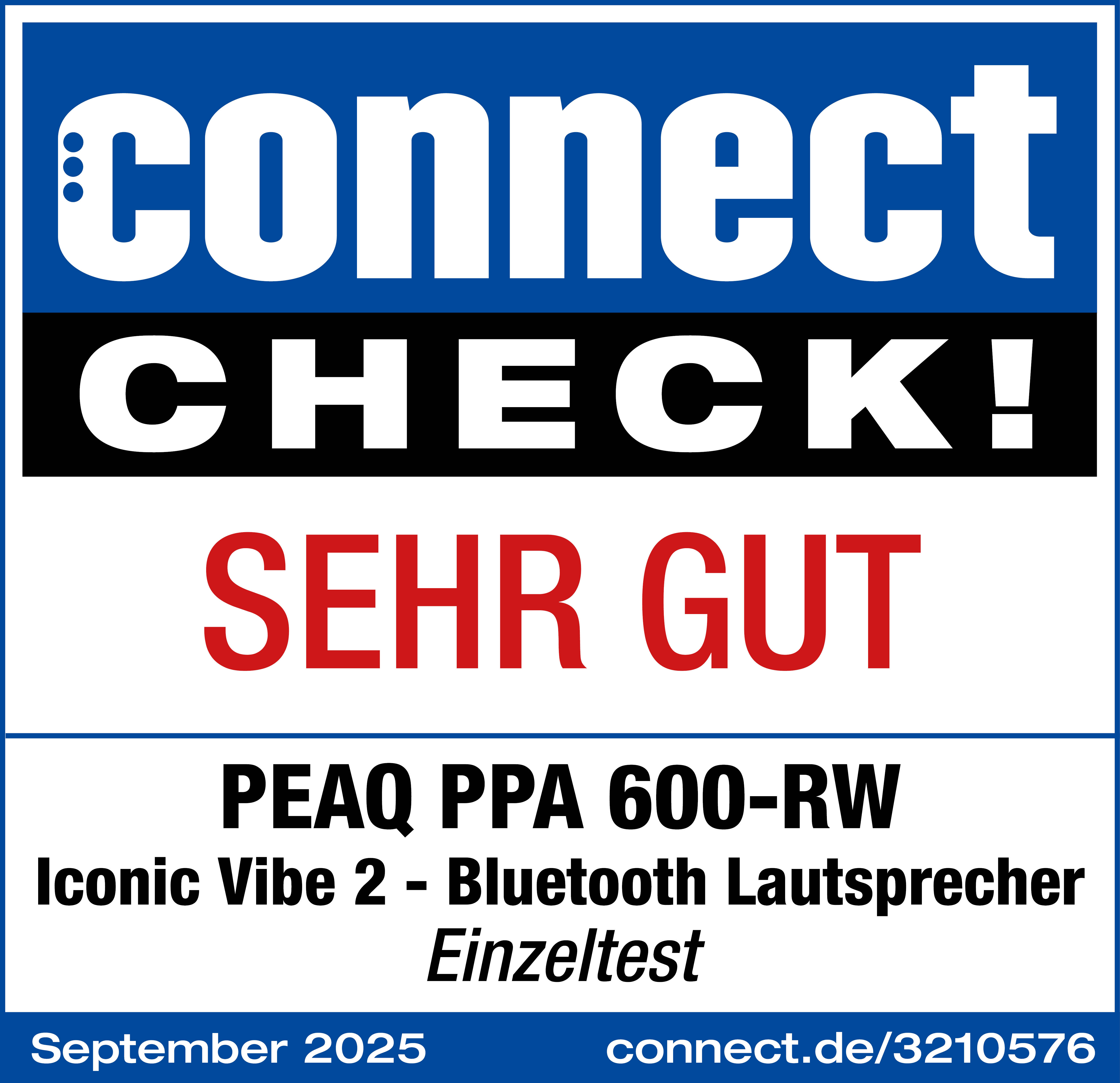 Das Bild zeigt einen Produktbericht mit dem Text 'connect CHECK! SEHR GUT'. Es zeigt auch Produktname und Testdetails.