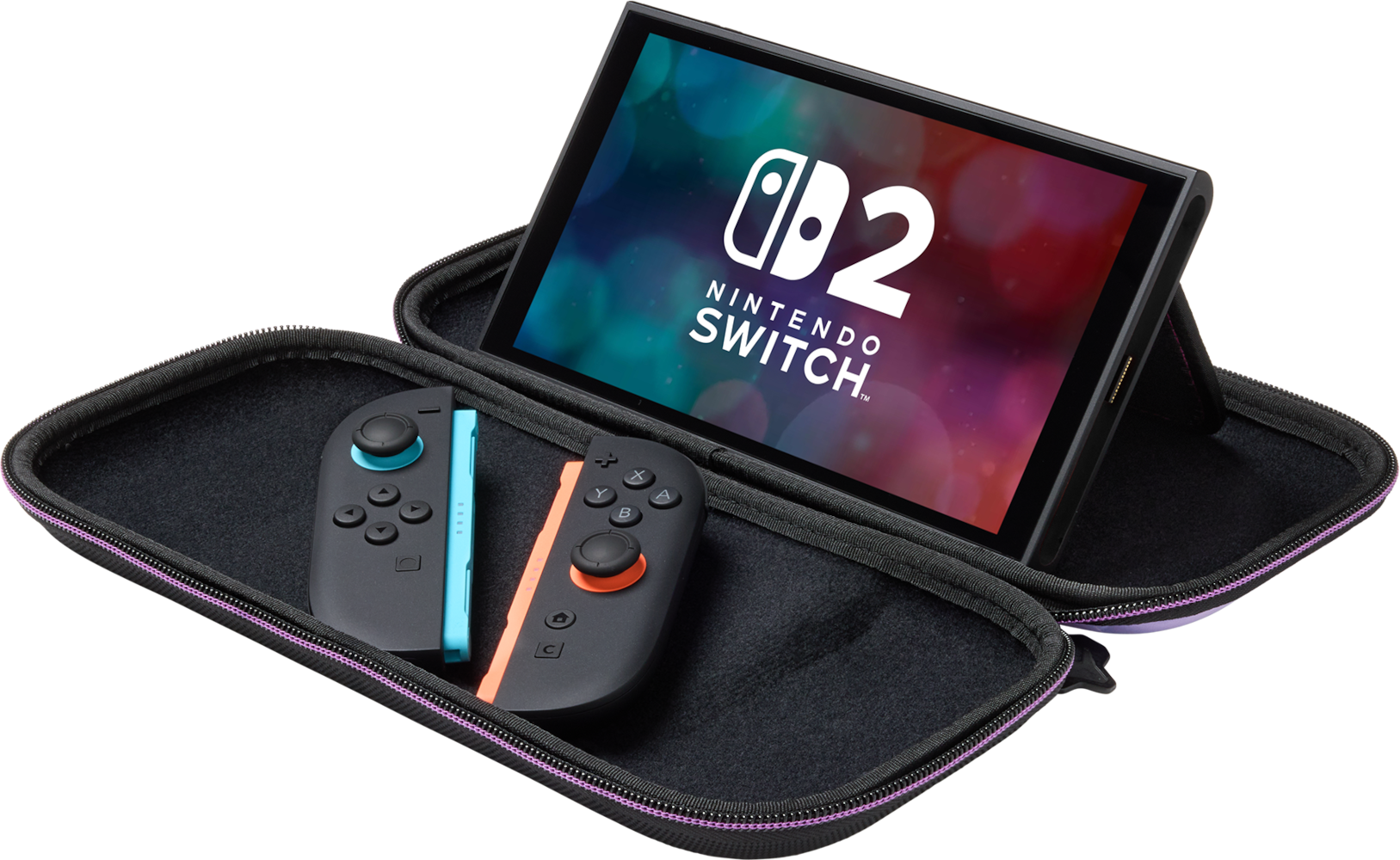 Nintendo Switch konzol nyitott tokban, kontrollerekkel. A képernyőn a Nintendo Switch logó látható. Fekete háttér.