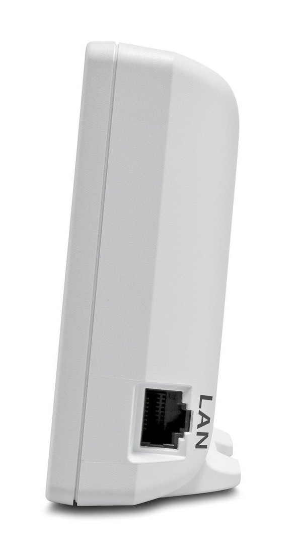 Biały modem z portem LAN pokazany jest z boku. Słowo LAN jest wydrukowane pionowo na boku modemu.