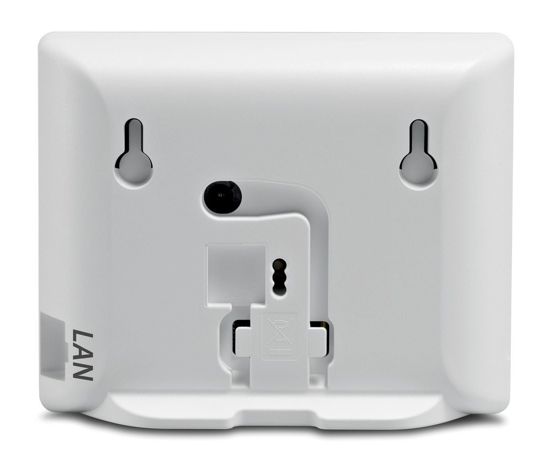 Tył białego urządzenia z otworami do zawieszania, tekstem LAN i różnymi punktami połączeń. Widoczny symbol recyklingu.