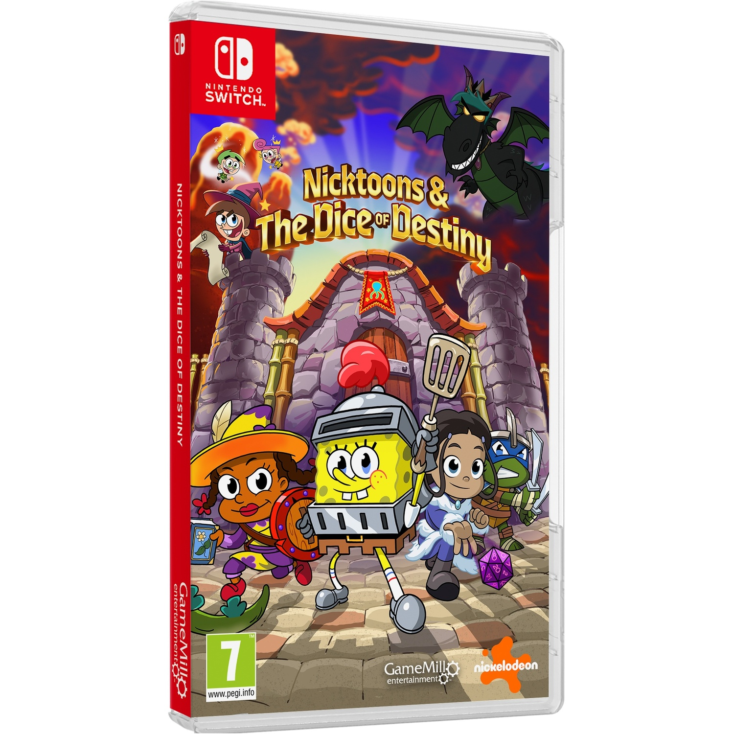 Boîtier de jeu pour Nicktoons & The Dice of Destiny. Des personnages comme Bob l'éponge et Timmy Turner sont représentés devant un château.