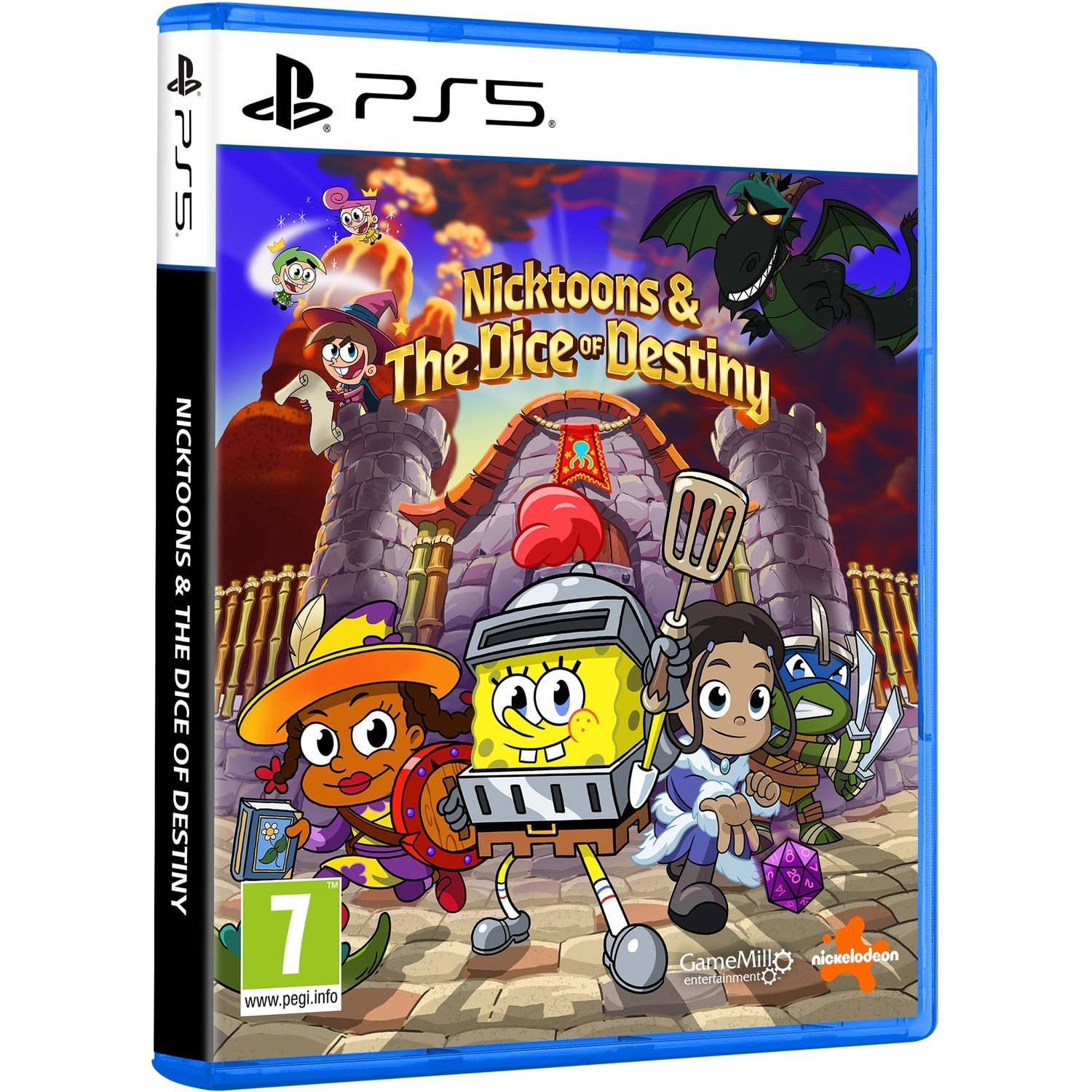 De gamebox art voor Nicktoons & The Dice of Destiny. Toont personages als SpongeBob, Timmy Turner en een draak, met het PS5-logo.