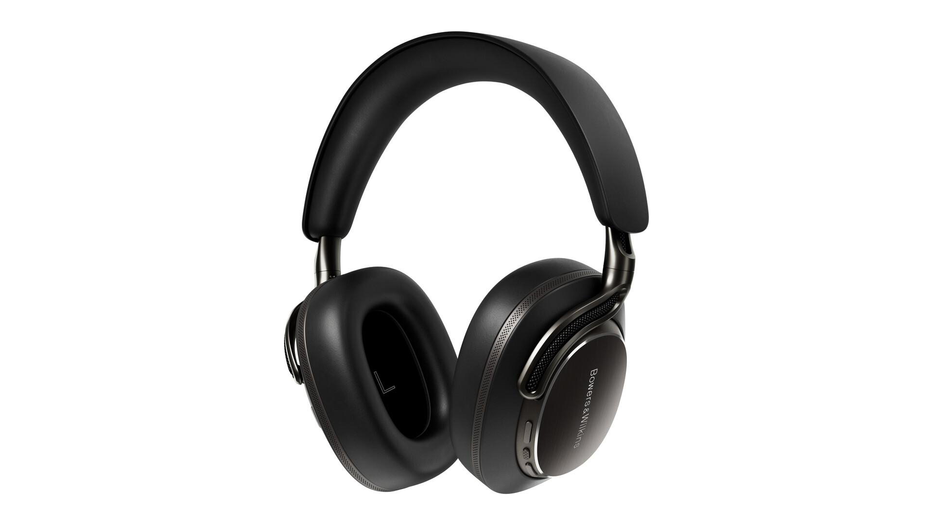 Schwarze Bowers & Wilkins Kopfhörer auf weißem Hintergrund. Die Kopfhörer haben ein gepolstertes Kopfband und Ohrmuscheln.