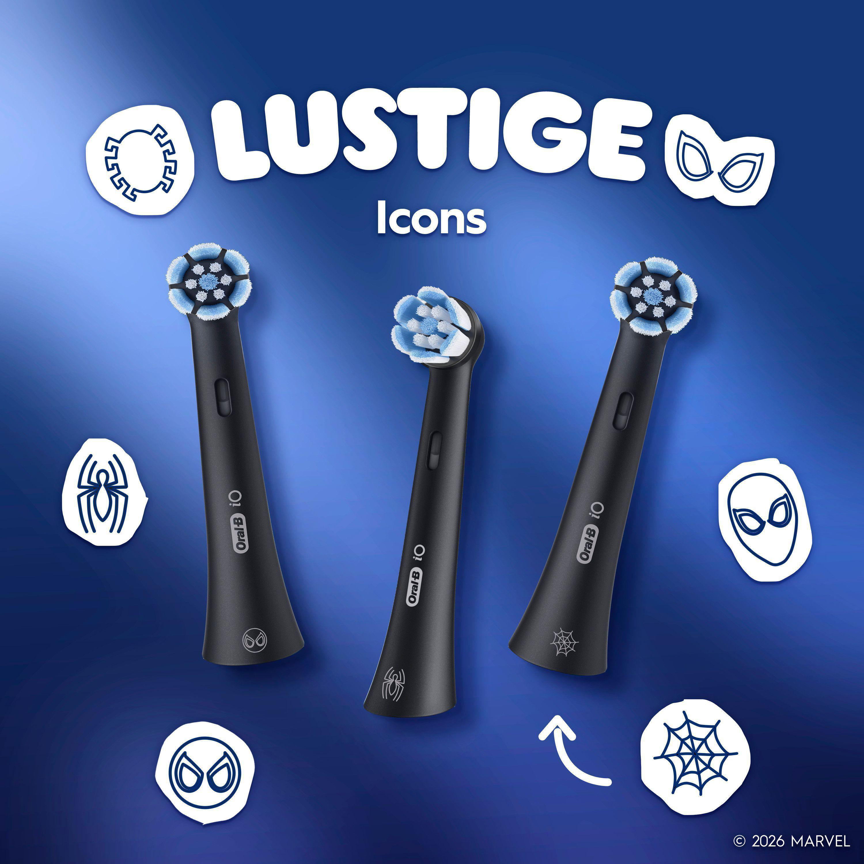 Drei schwarze Oral-B-Zahnbürstenköpfe mit blauen Borsten. Spider-Man-Icons umgeben sie auf blauem Hintergrund.