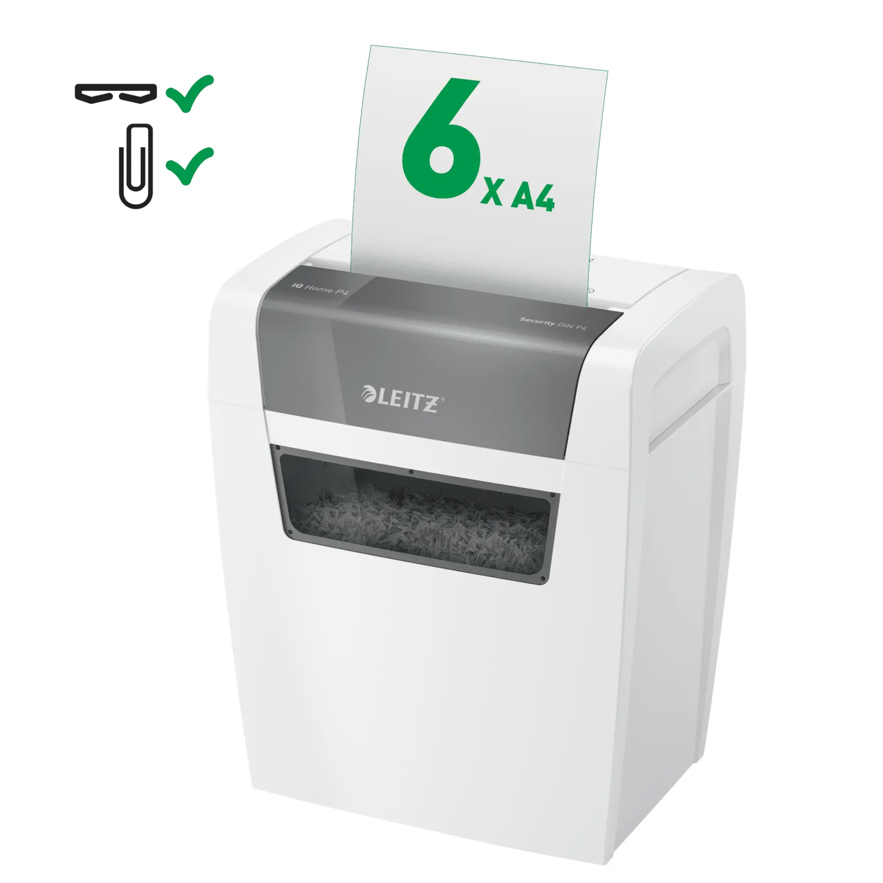 Egy fehér papírfeldolgozó gép, zöld '6x A4' papírral. Gemkapocs és tűzőkapocs ikonok láthatók.