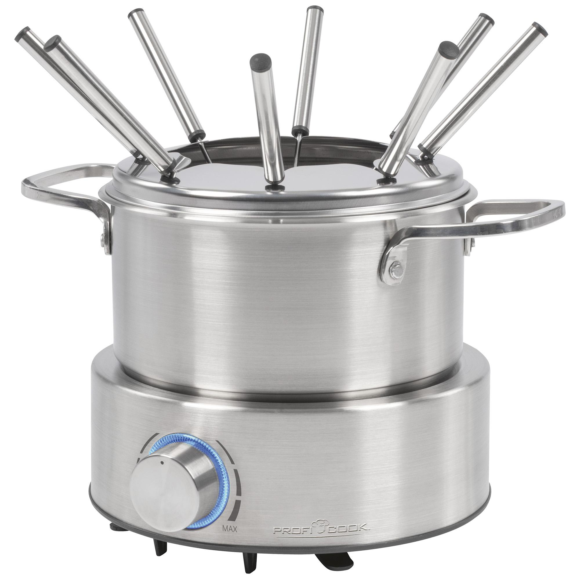 Fondue-Set aus Edelstahl. Topf mit Griffen, Gabeln und einem Sockel mit Knopf. Der Knopf leuchtet blau.