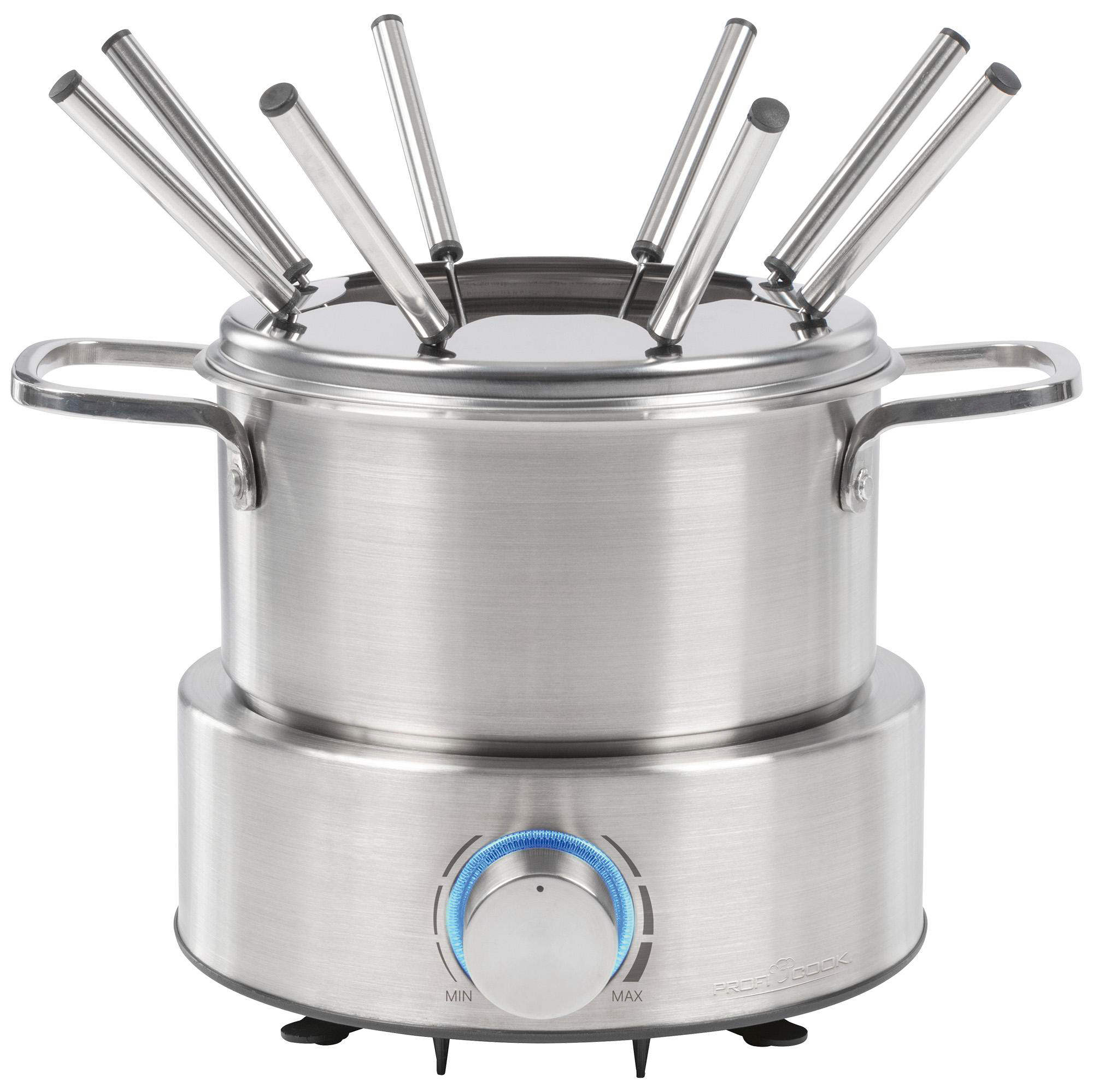Edelstahl-Fondue-Topf mit Gabeln. Es hat einen Knopf und ein blaues Licht. Der Topf steht auf einem Brennerfuß.