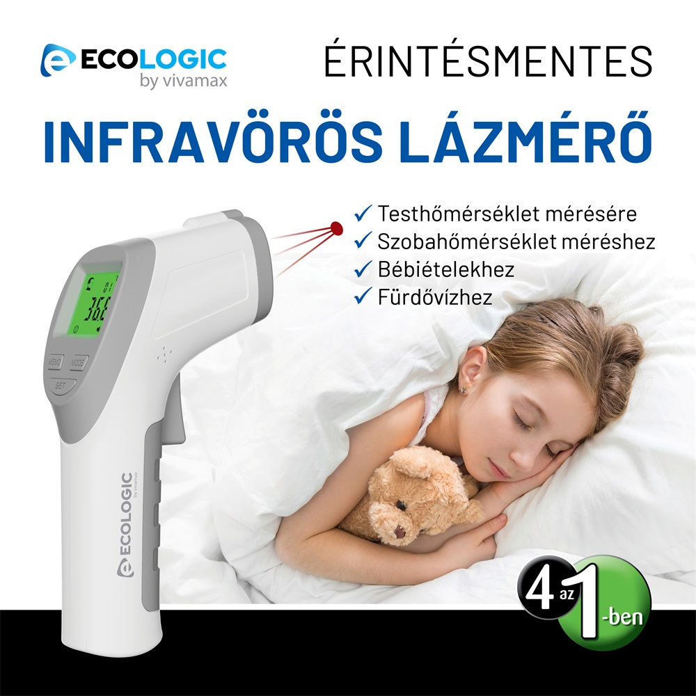 Egy infravörös hőmérő méri egy alvó lány testhőmérsékletét. A hőmérő a szoba és a bébiétel hőmérsékletét is méri.