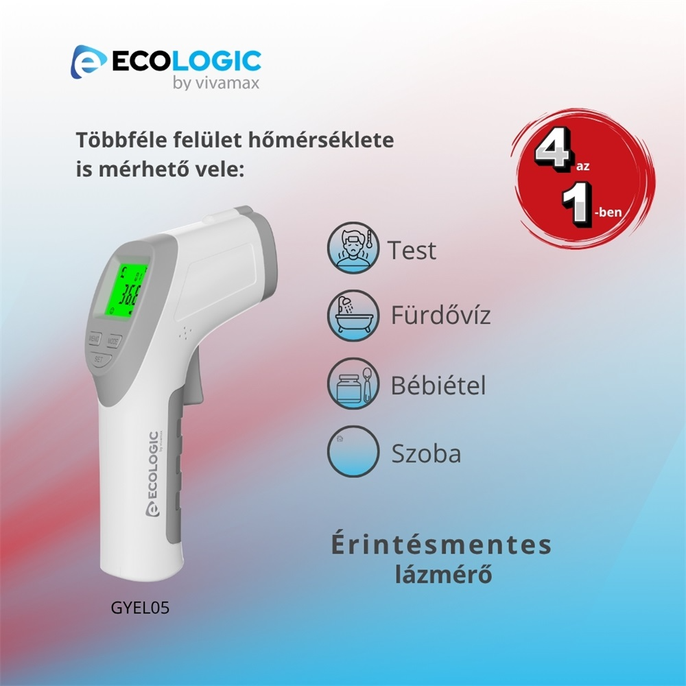 Egy fehér-szürke infravörös hőmérő 36.8-at mutat. Test-, víz-, étel- és szobahőmérséklet mérésére alkalmas.