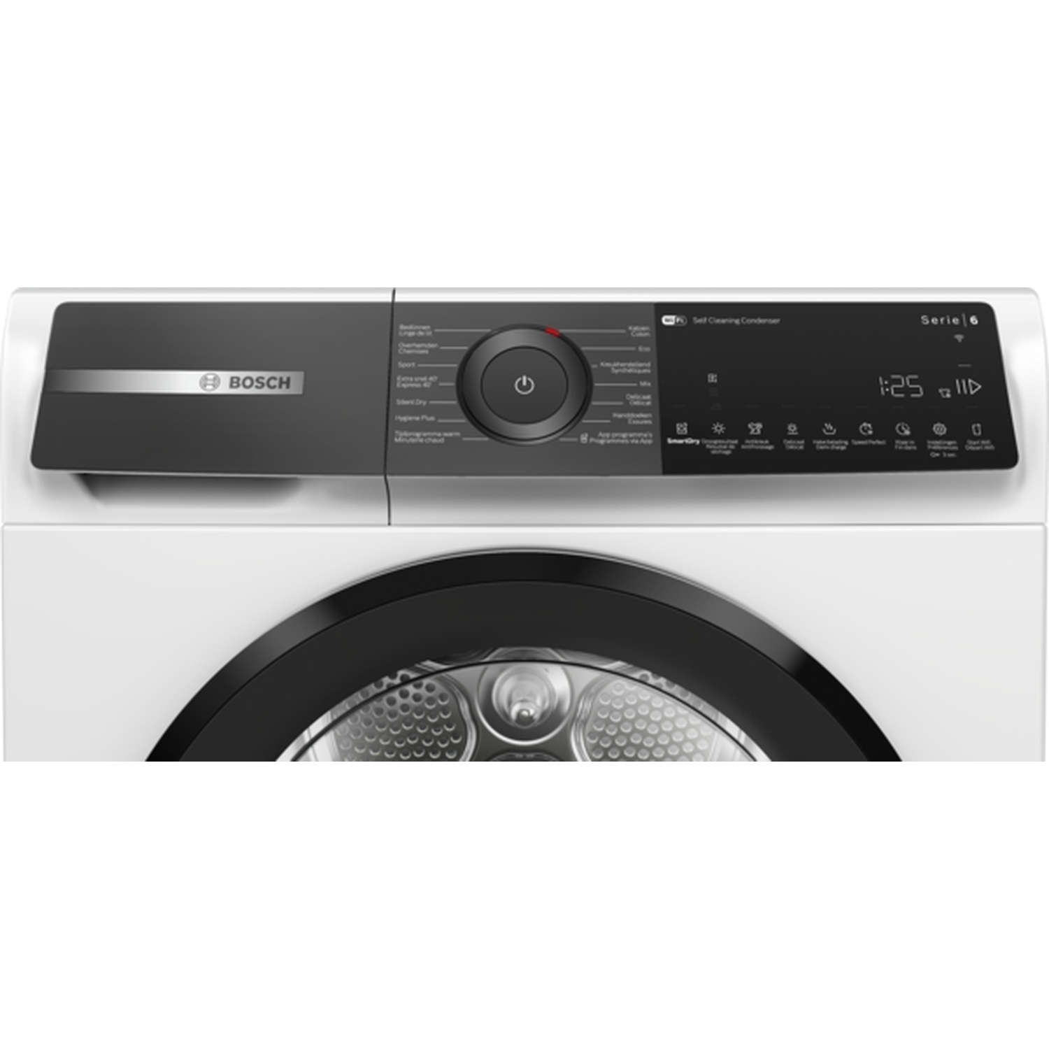 Un sèche-linge blanc Bosch Série 6. Il possède un panneau de commande noir avec bouton d'alimentation et options de programmes. Un affichage numérique affiche l'heure.
