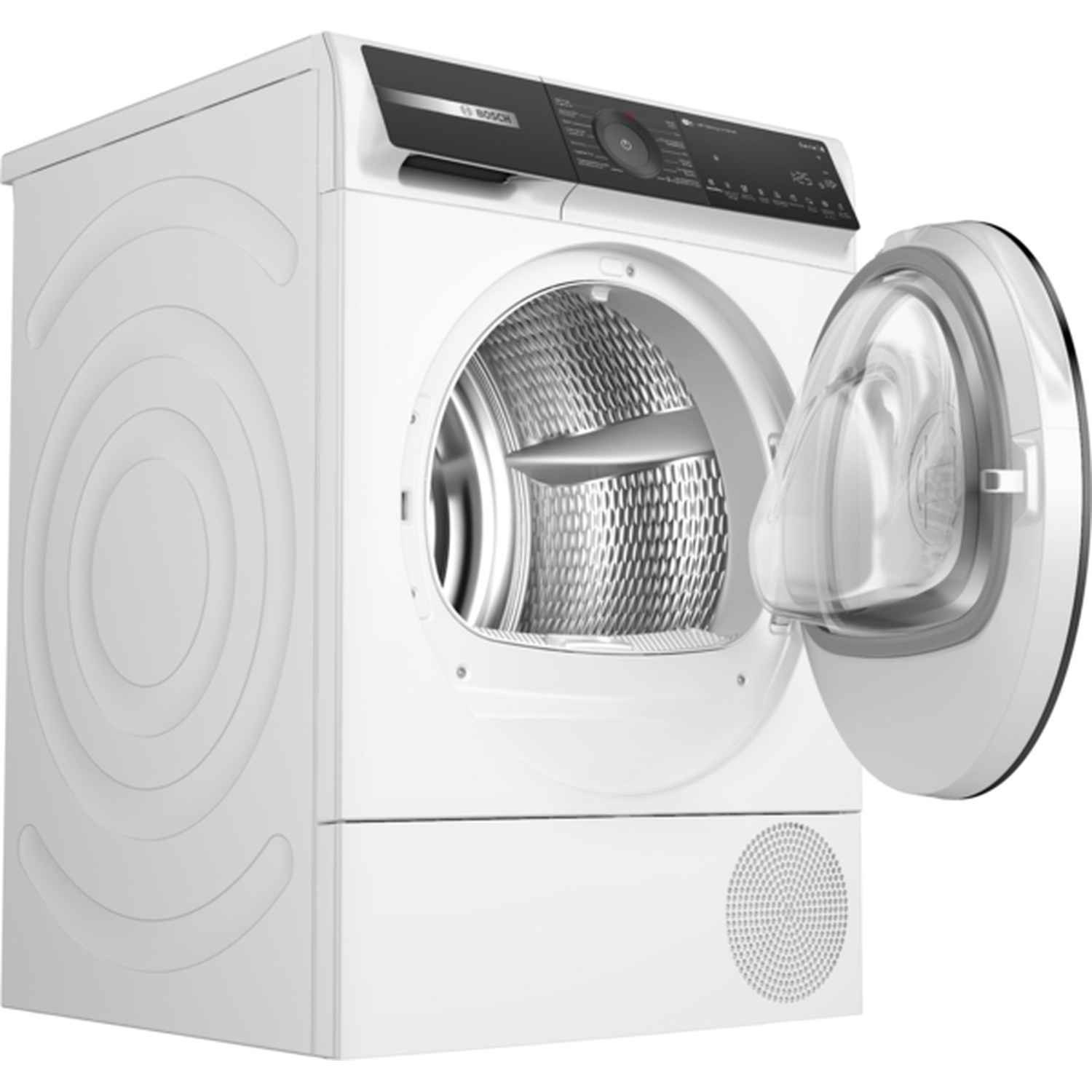 Un sèche-linge Bosch blanc avec une porte ouverte. L'intérieur est en métal. Le panneau de commande est noir. Le fond est blanc.