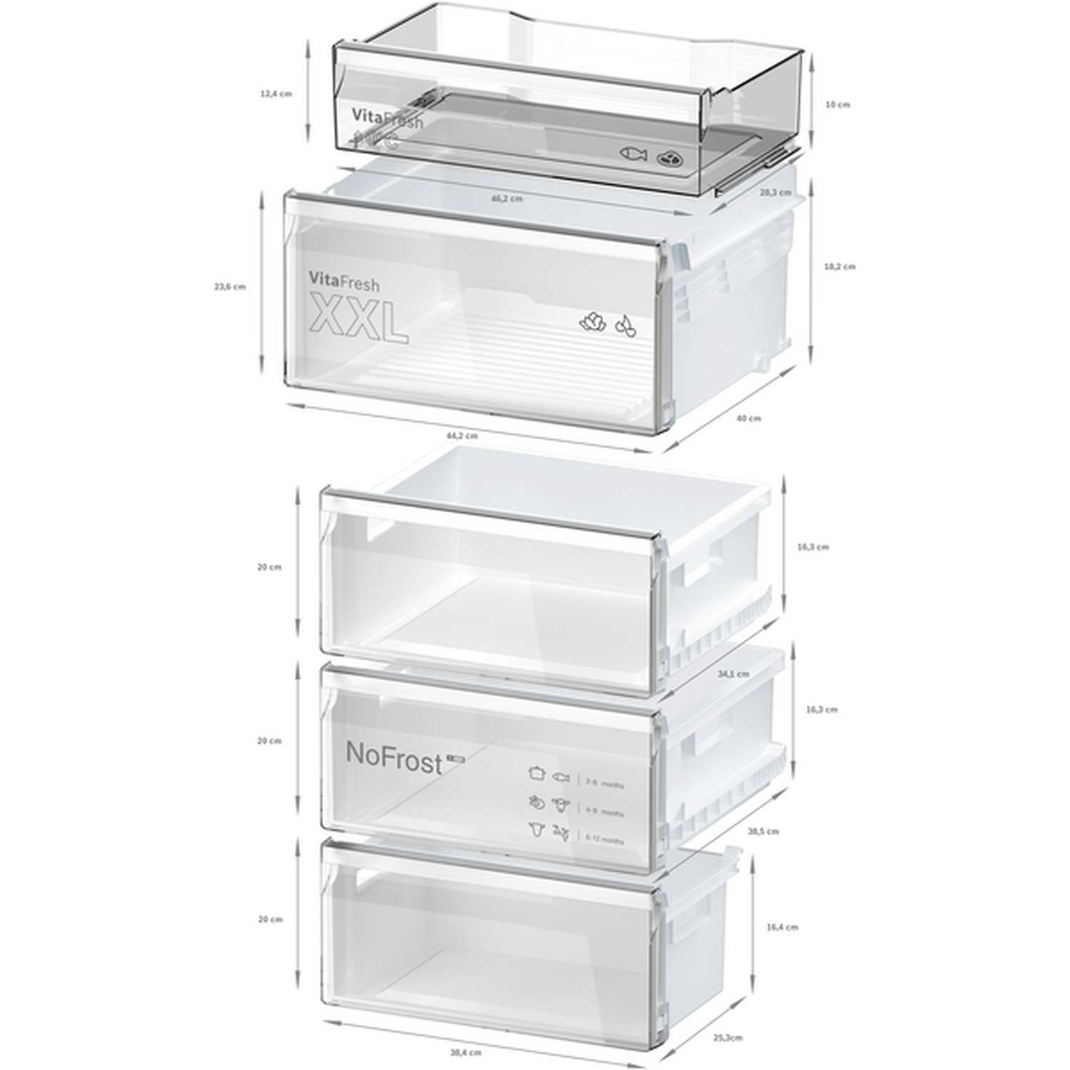 Afbeelding toont koelkastladen met afmetingen. Inclusief VitaFresh XXL, NoFrost en andere opslagcompartimenten.