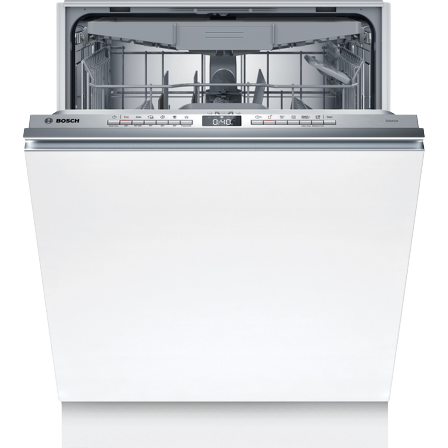 Een witte Bosch vaatwasser met de deur open. Het bedieningspaneel toont een timer. De binnenkant toont rekken voor gerechten.