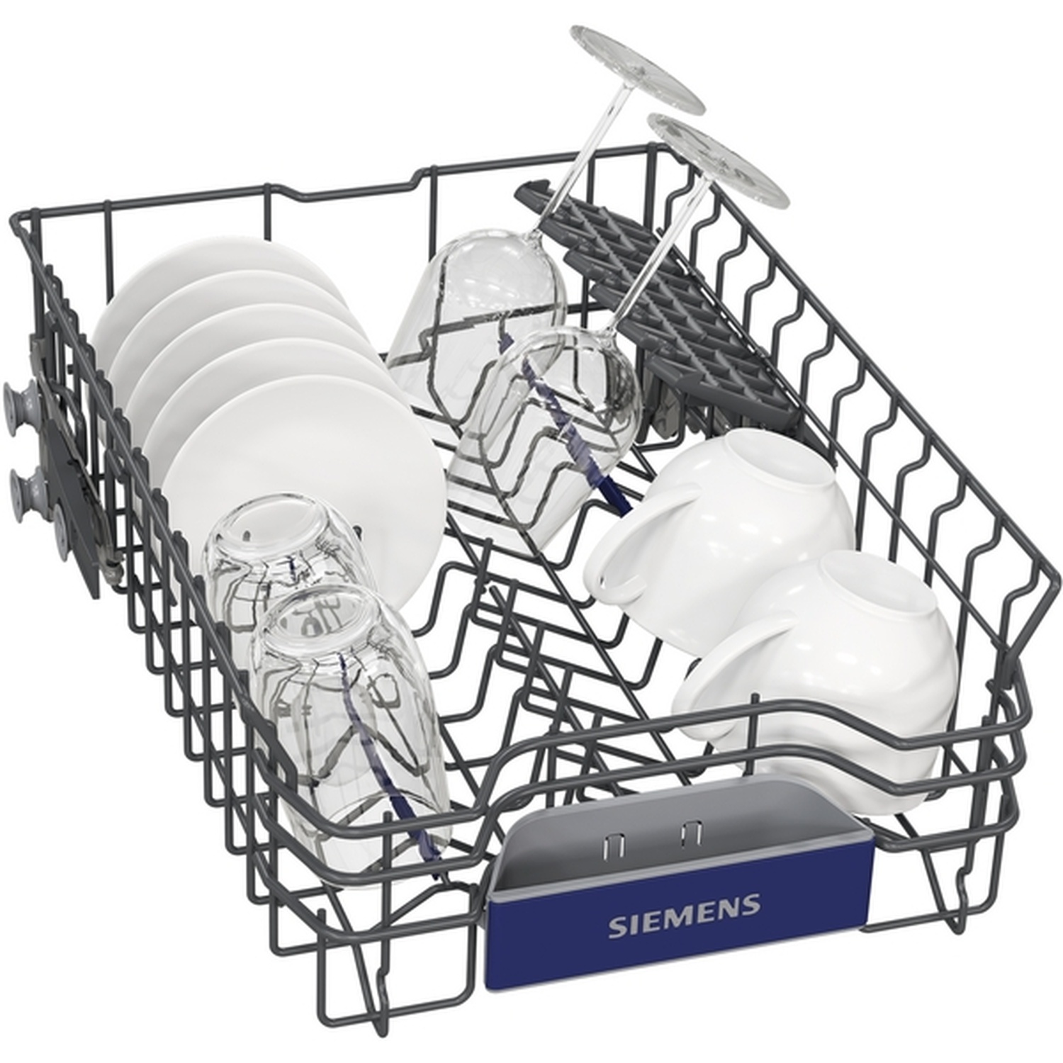 Panier de lave-vaisselle rempli d'assiettes, verres et tasses blanches. Une étiquette bleue Siemens est visible.