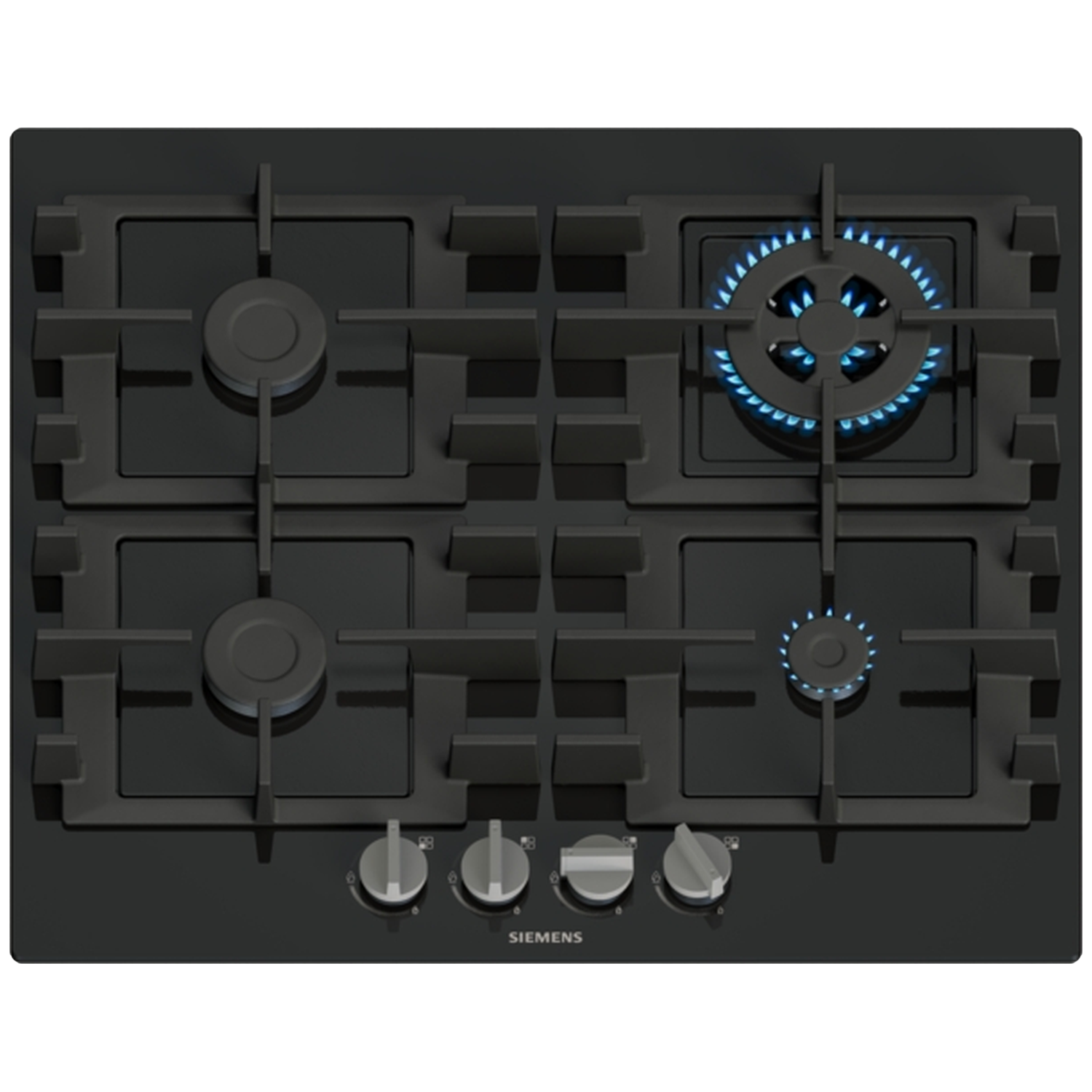Une table de cuisson à gaz noire avec quatre brûleurs, deux allumés avec des flammes bleues. Boutons en bas et la marque Siemens.