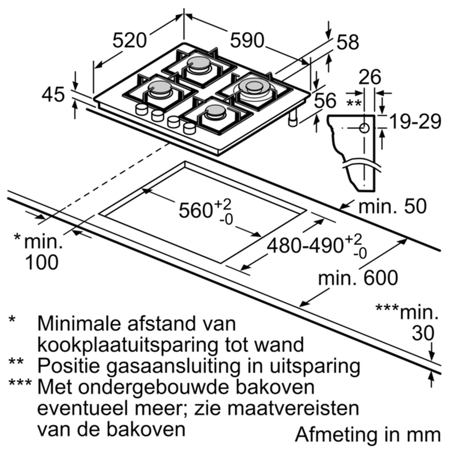 Schéma d'une table de cuisson au gaz avec dimensions en millimètres. Montre la table, la découpe et les distances minimales d'installation.