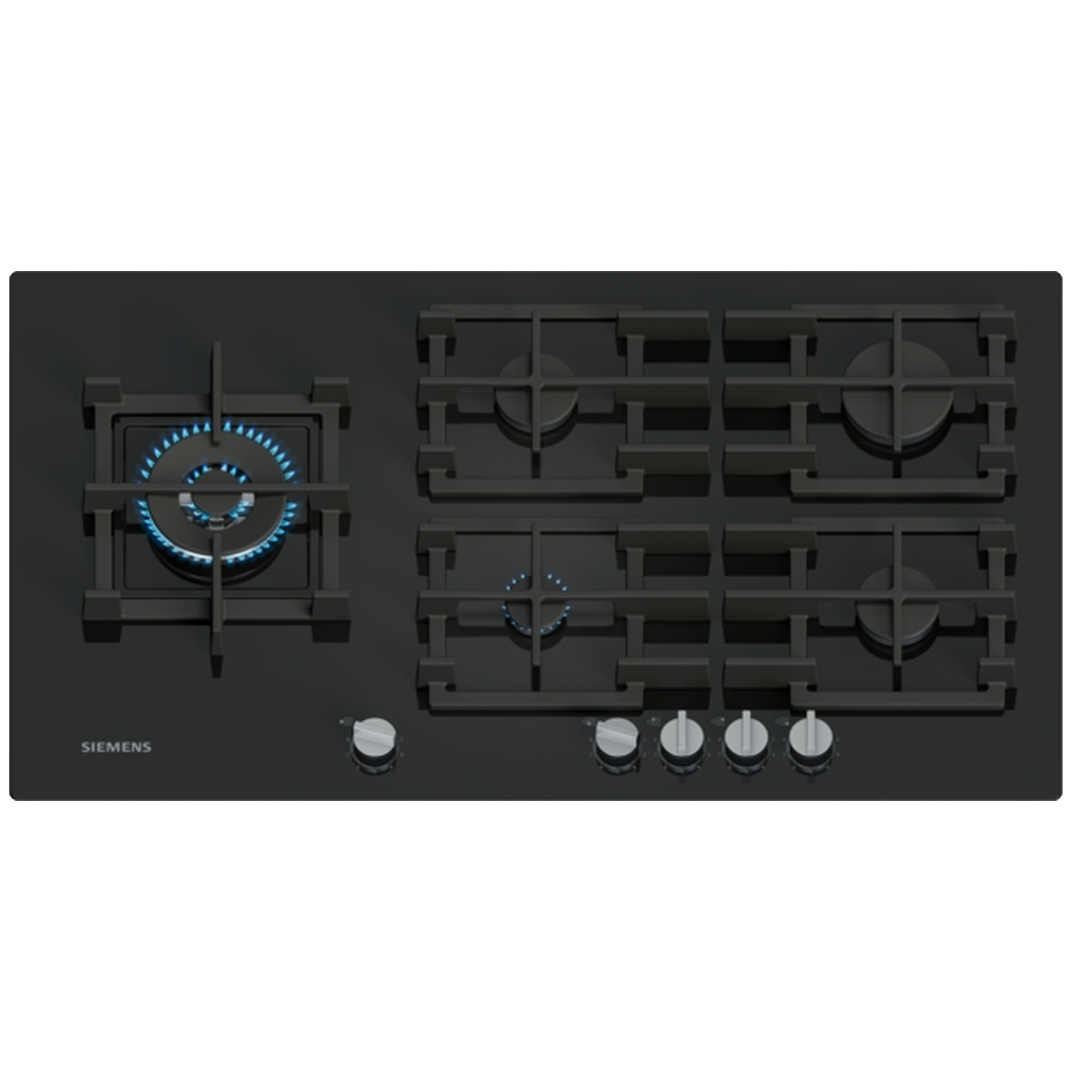 Une table de cuisson à gaz Siemens noire. Elle possède cinq brûleurs, avec des flammes bleues visibles sur deux. Les boutons sont argentés, surface noire.