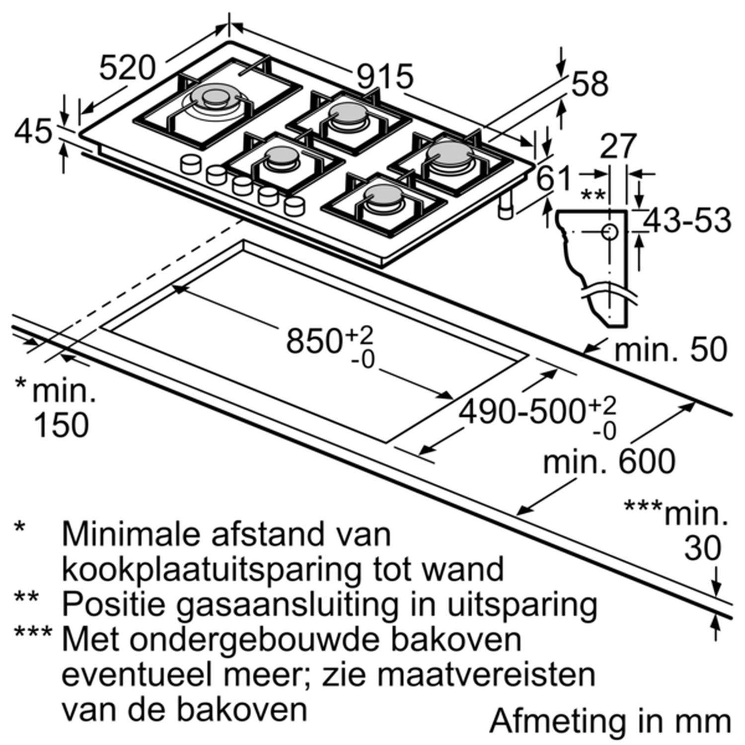 Schéma d'une table de cuisson à gaz avec dimensions en millimètres, montrant les découpes et distances minimales.