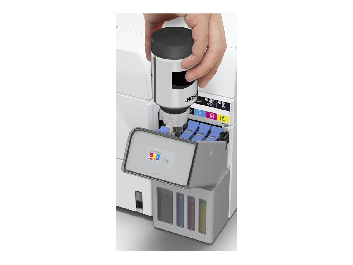 Una mano riempie il serbatoio dell'inchiostro di una stampante Epson. Il flacone dell'inchiostro è bianco e nero, e i serbatoi sono colorati.