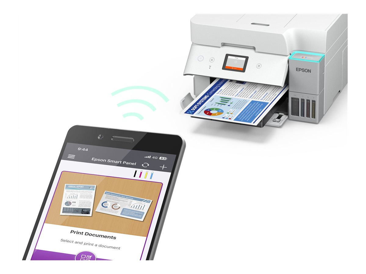 Una stampante che stampa un documento, uno smartphone che mostra le opzioni di stampa, con icone di segnale wireless. Stampante Epson e smartphone.