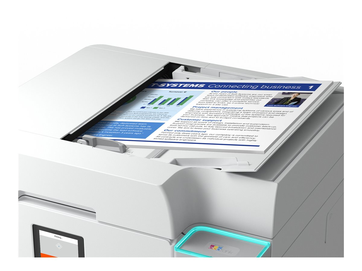 Una stampante con un documento all'interno. Il documento ha testo e grafica. Il pannello di controllo della stampante e il logo eco-ink sono visibili.