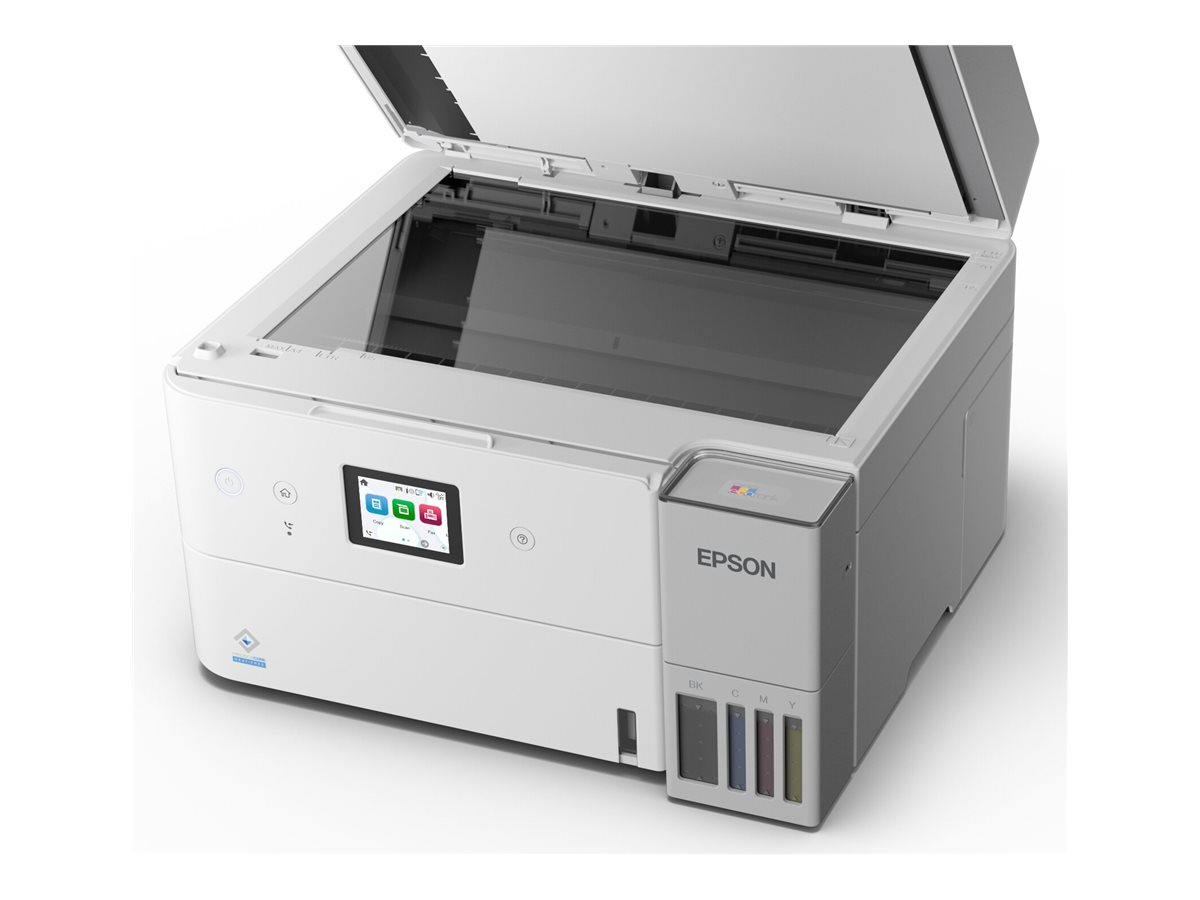 Stampante Epson bianca con coperchio aperto, display a colori e serbatoi d'inchiostro. La stampante è su una superficie bianca.