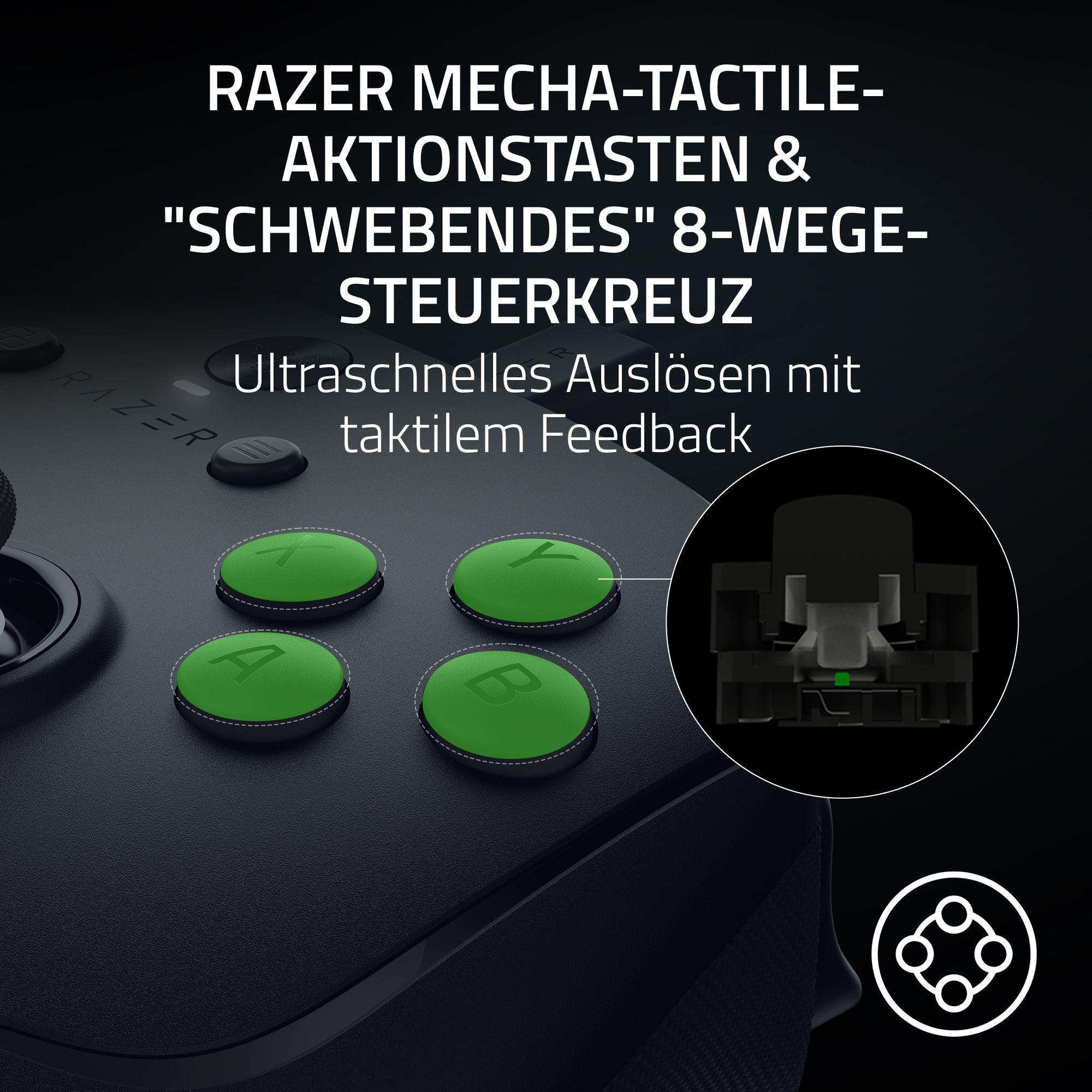 Bild eines Razer-Controllers mit grünen Tasten mit den Buchstaben A, B, X, Y. Text: 'Mecha-Tactile' und '8-Wege-Steuerkreuz'.
