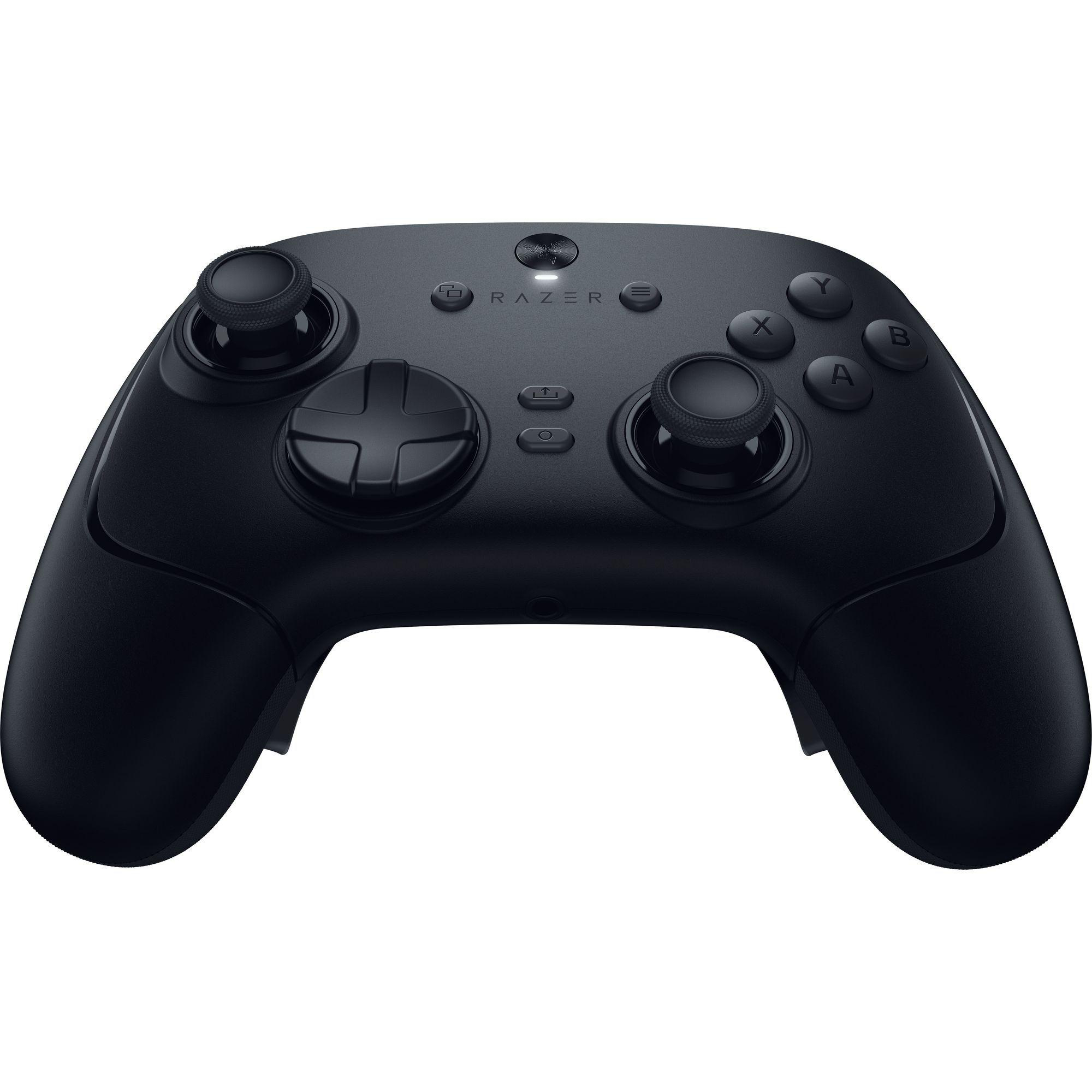 Ein schwarzer Razer-Controller. Er hat Knöpfe, Analog-Sticks und ein Steuerkreuz. Das Razer-Logo ist sichtbar.