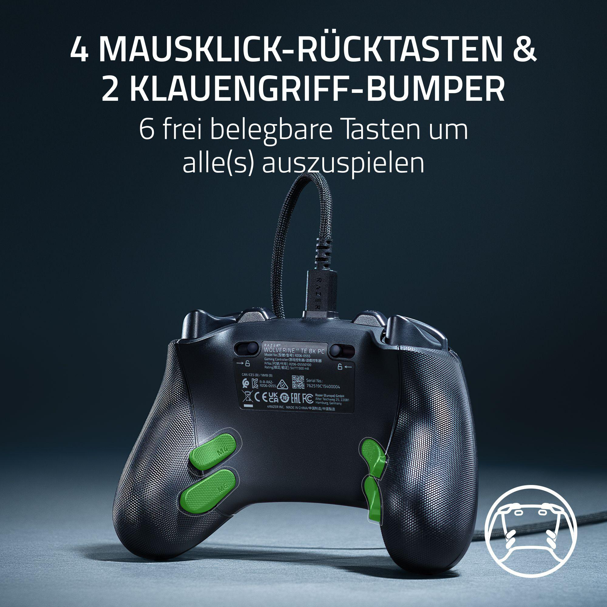 Schwarzer Gamecontroller mit grünen Knöpfen und geflochtenem Kabel.
