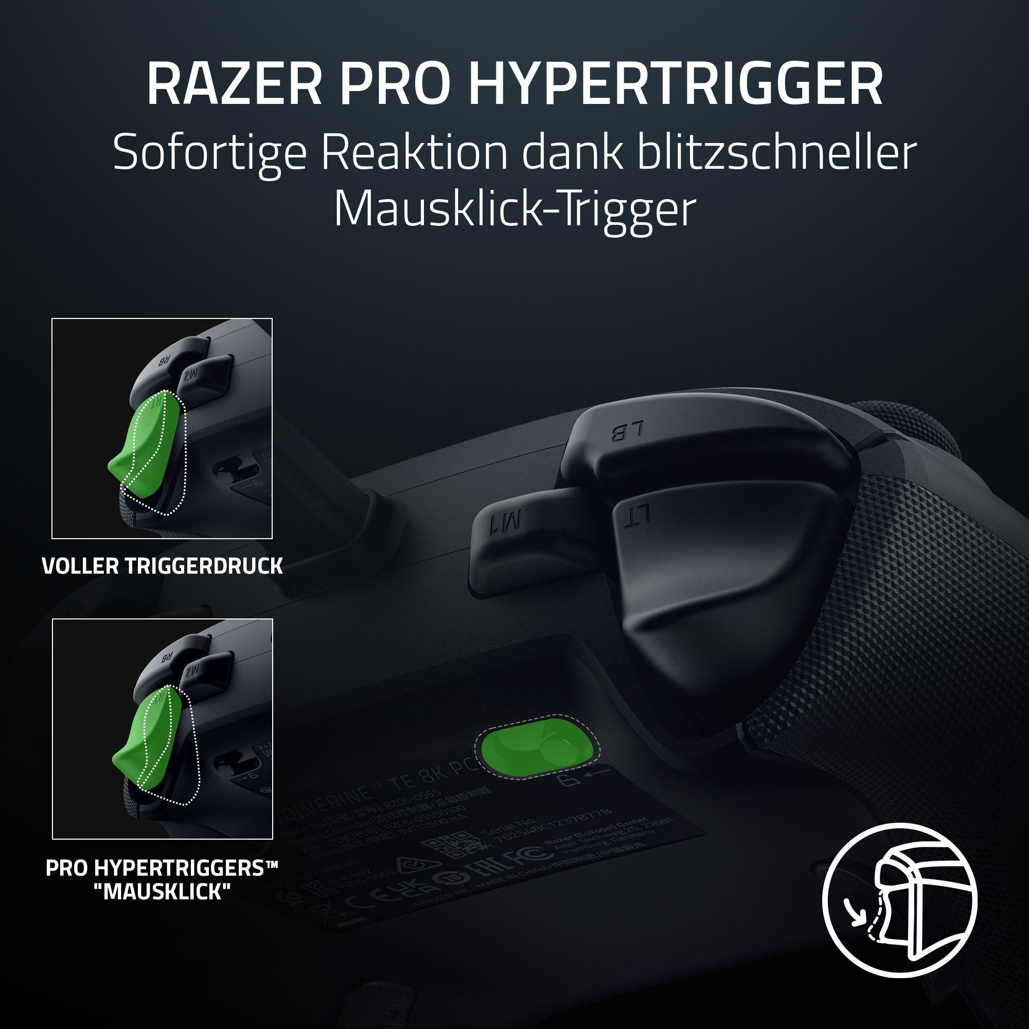 Schwarzer Razer-Controller mit grünen Triggern. Text: 'Razer Pro Hypertrigger'. Diagramme zeigen Trigger-Aktion.