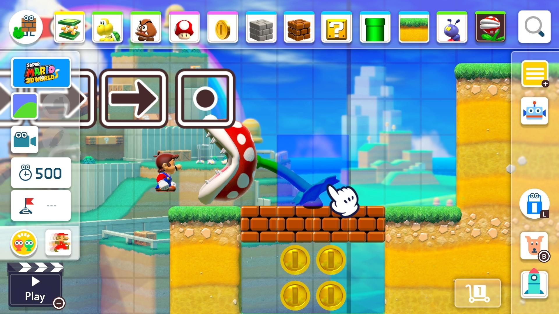 Interfejs projektowania poziomów Super Mario Maker 2. Mario stoi w pobliżu Piranha Plant. Widoczne są monety i bloki. Kursor dłoni unosi się nad cegłami.
