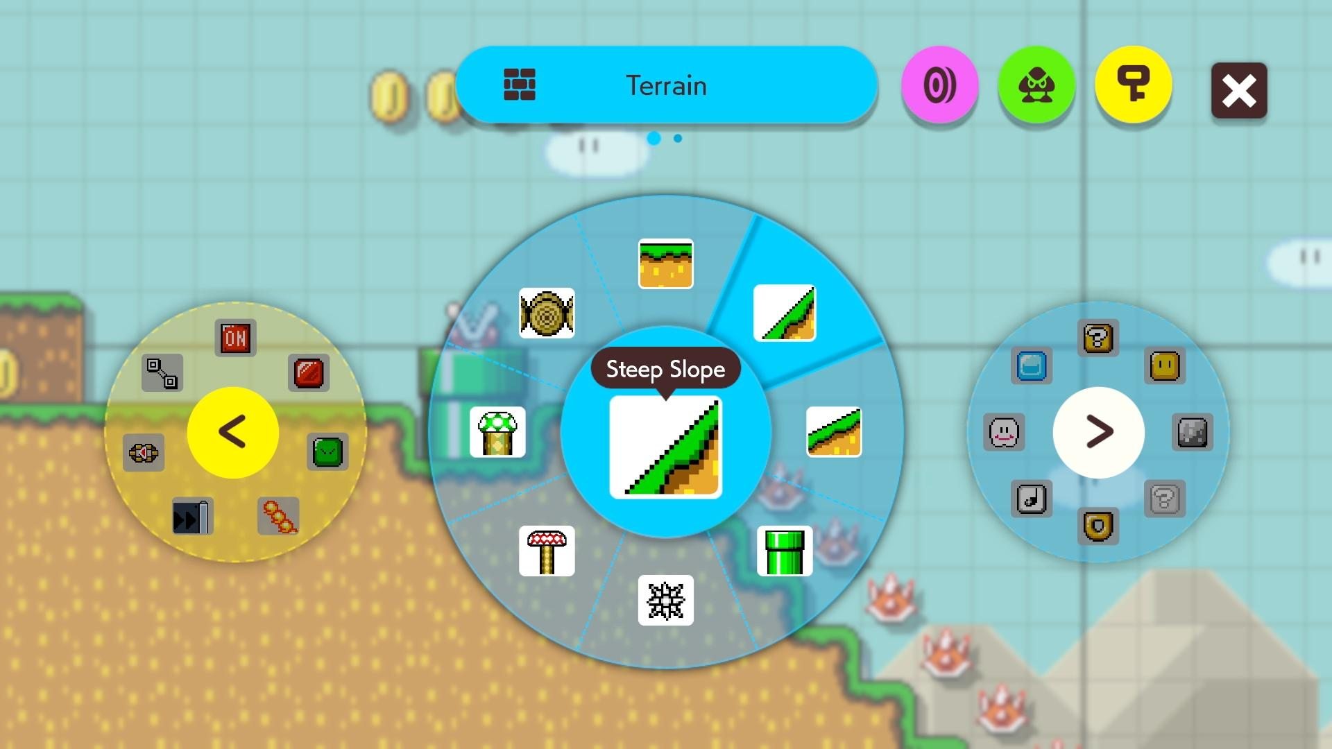 Interfejs Super Mario Maker 2. Otwarto menu wyboru terenu z opcjami dla stromych zboczy, grzybów i innych elementów poziomu.