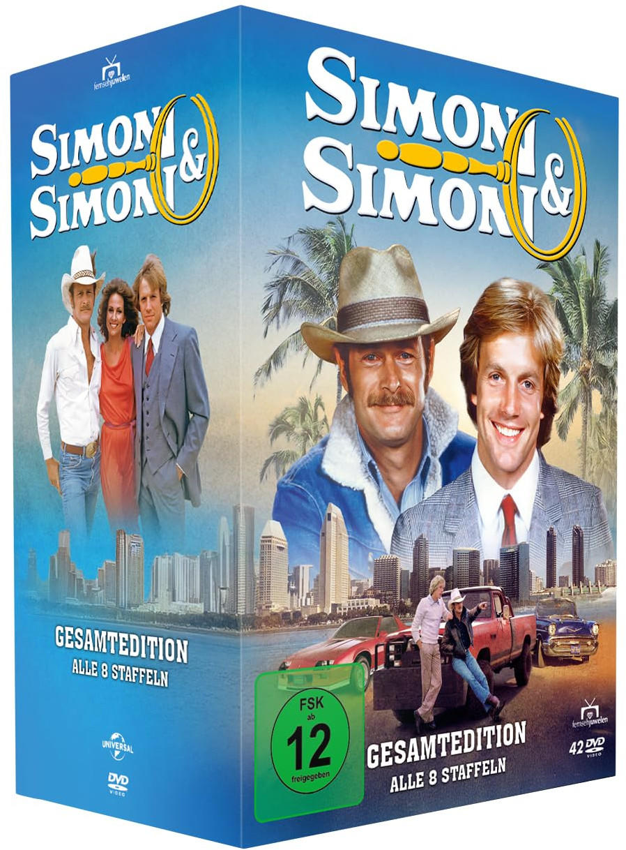 DVD-Box-Set von Simon & Simon mit Schauspielern und Skyline. Enthält Text: Gesamtedition, Alle 8 Staffeln, FSK ab 12.