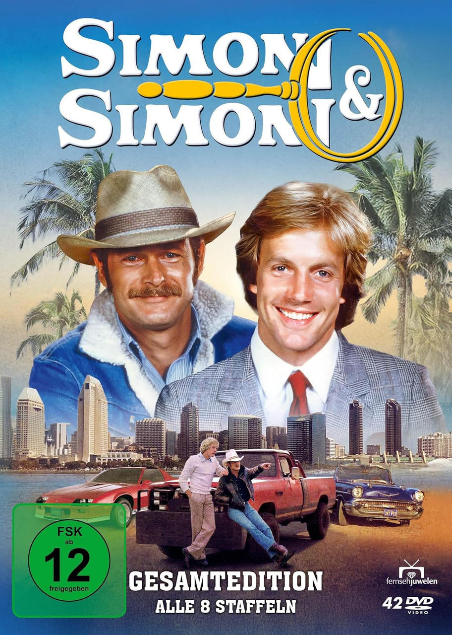 DVD-Cover der Serie Simon & Simon. Zwei Männer in Anzügen und Hüten vor einer Skyline und Autos. Text enthält den Serientitel.