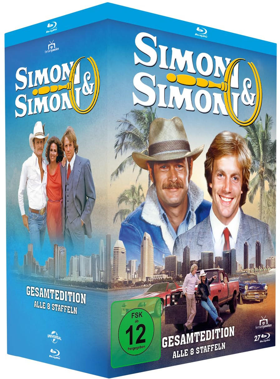 DVD-Box-Set von 'Simon & Simon' mit Fotos der Besetzung. Es zeigt eine Stadtlandschaft, Palmen und den Titel der Show.