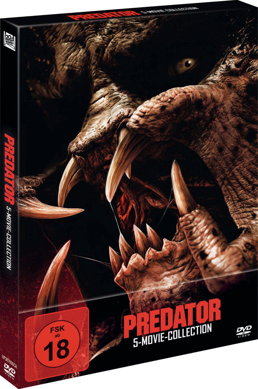 DVD-Boxset für Predator 5-Movie Collection. Nahaufnahme des Gesichts des Predators mit großen Zähnen und Titel in Rot.